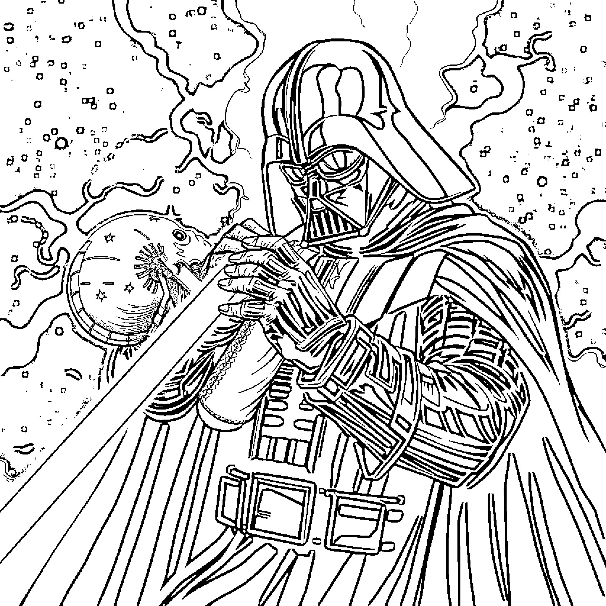 Darth Vader's Galactic Showdown Coloring Page (free black-and-white line drawing printable PDF for all, from beginners to advanced learners, including children, teens, adults, and seniors)