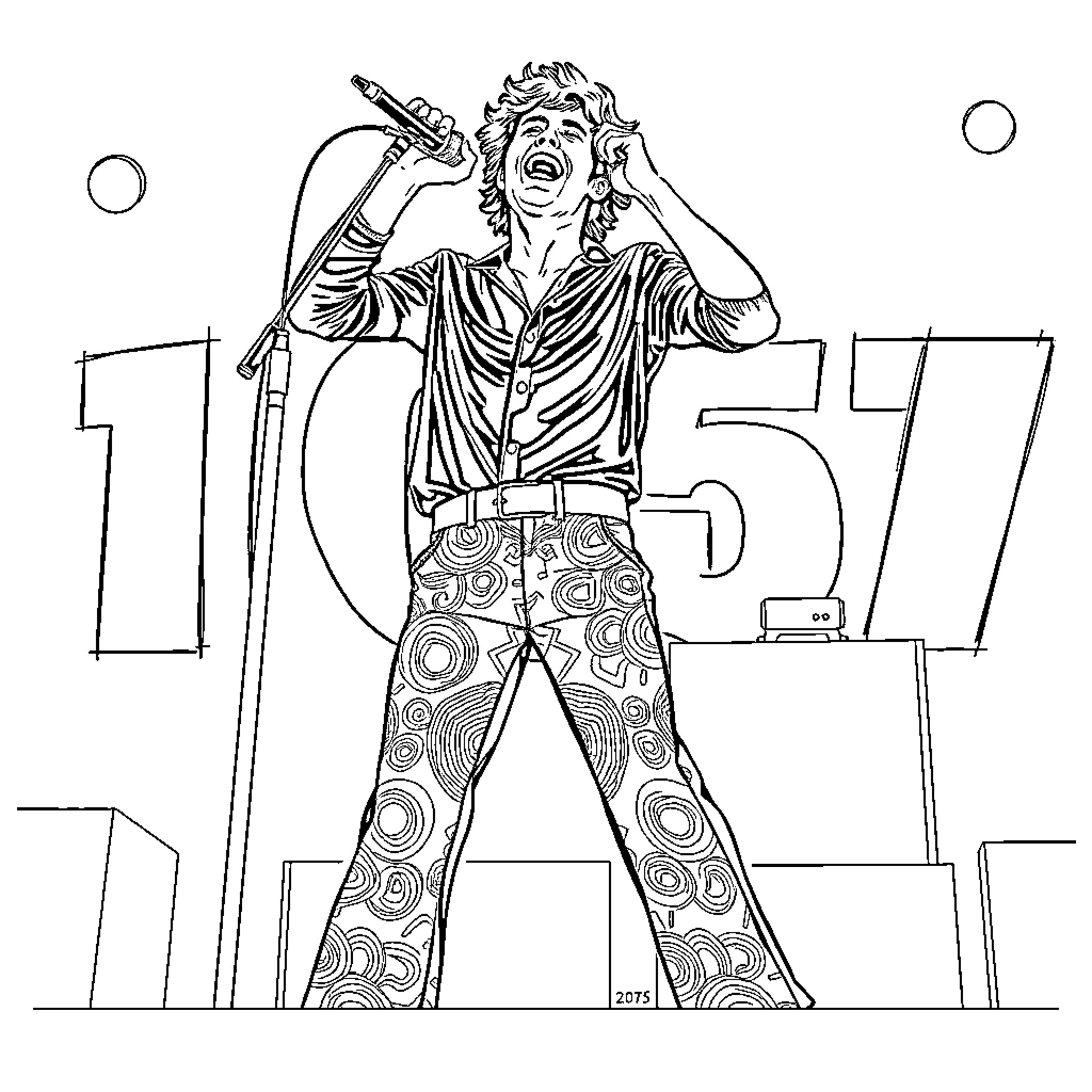 Matty Healy performing on stage with microphone Coloring Page (free black-and-white line drawing printable PDF for all, from beginners to advanced learners, including children, teens, adults, and seniors)