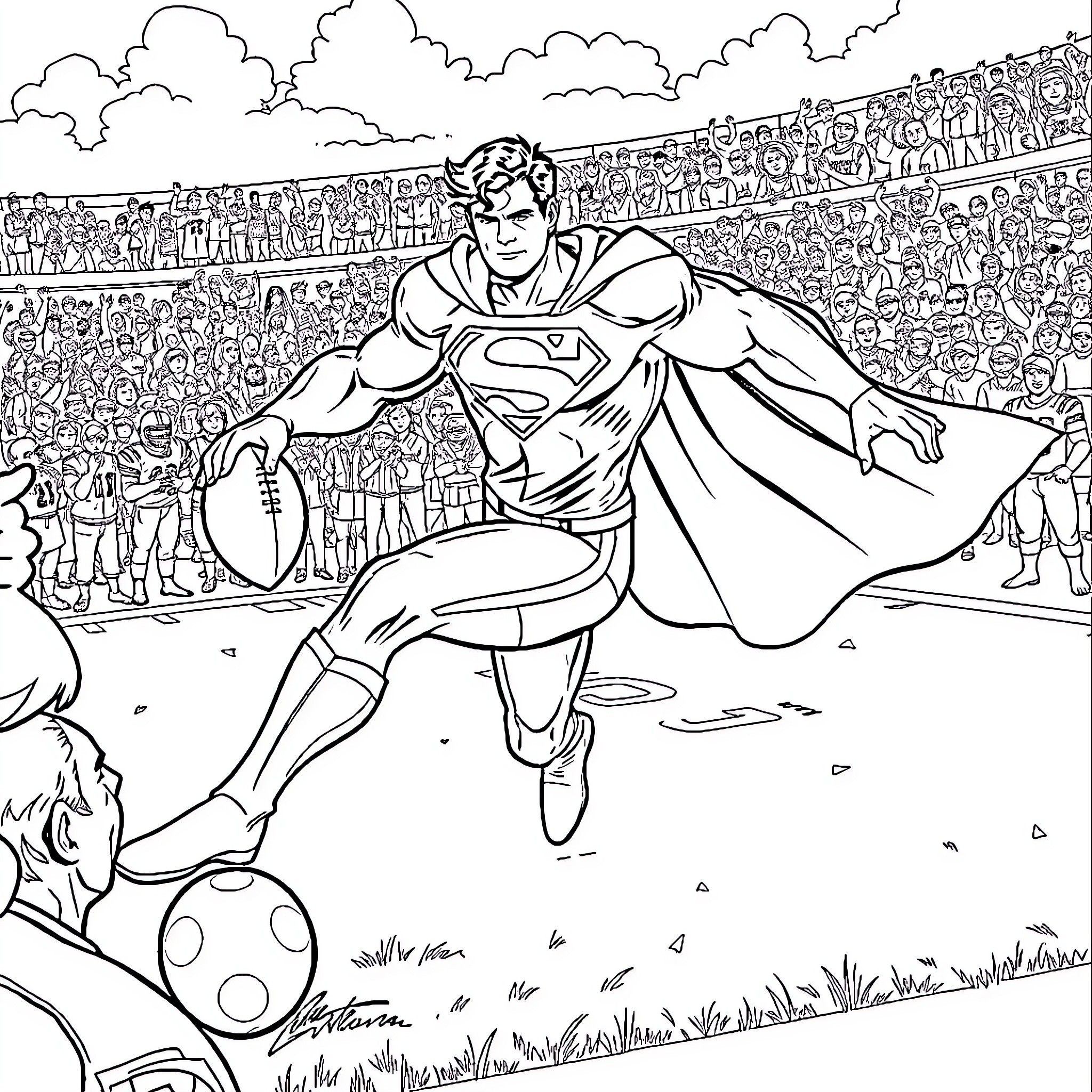 Superman playing football in a crowded stadium Coloring Page (free black-and-white line drawing printable PDF for all, from beginners to advanced learners, including children, teens, adults, and seniors)