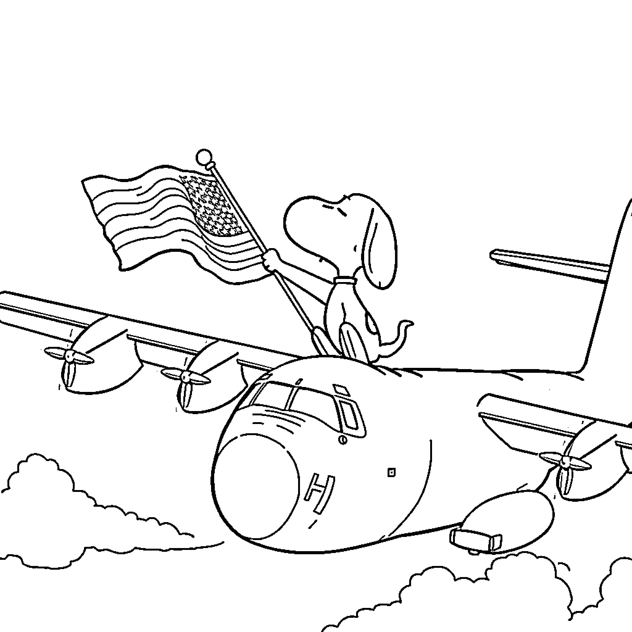 Snoopy flying a plane with American flag Coloring Page (free black-and-white line drawing printable PDF for all, from beginners to advanced learners, including children, teens, adults, and seniors)