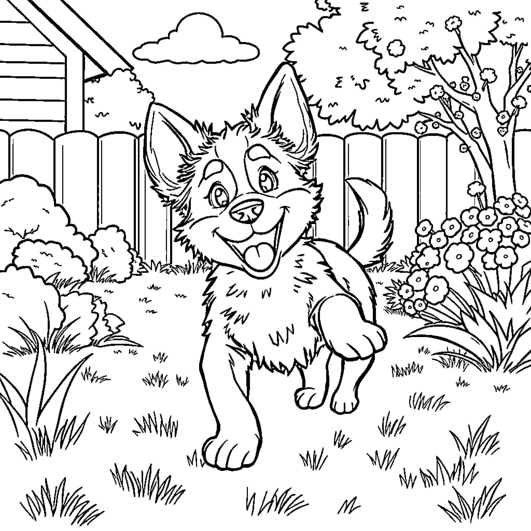 Bluey playing happily in the garden Coloring Page (free black-and-white line drawing printable PDF for all, from beginners to advanced learners, including children, teens, adults, and seniors)