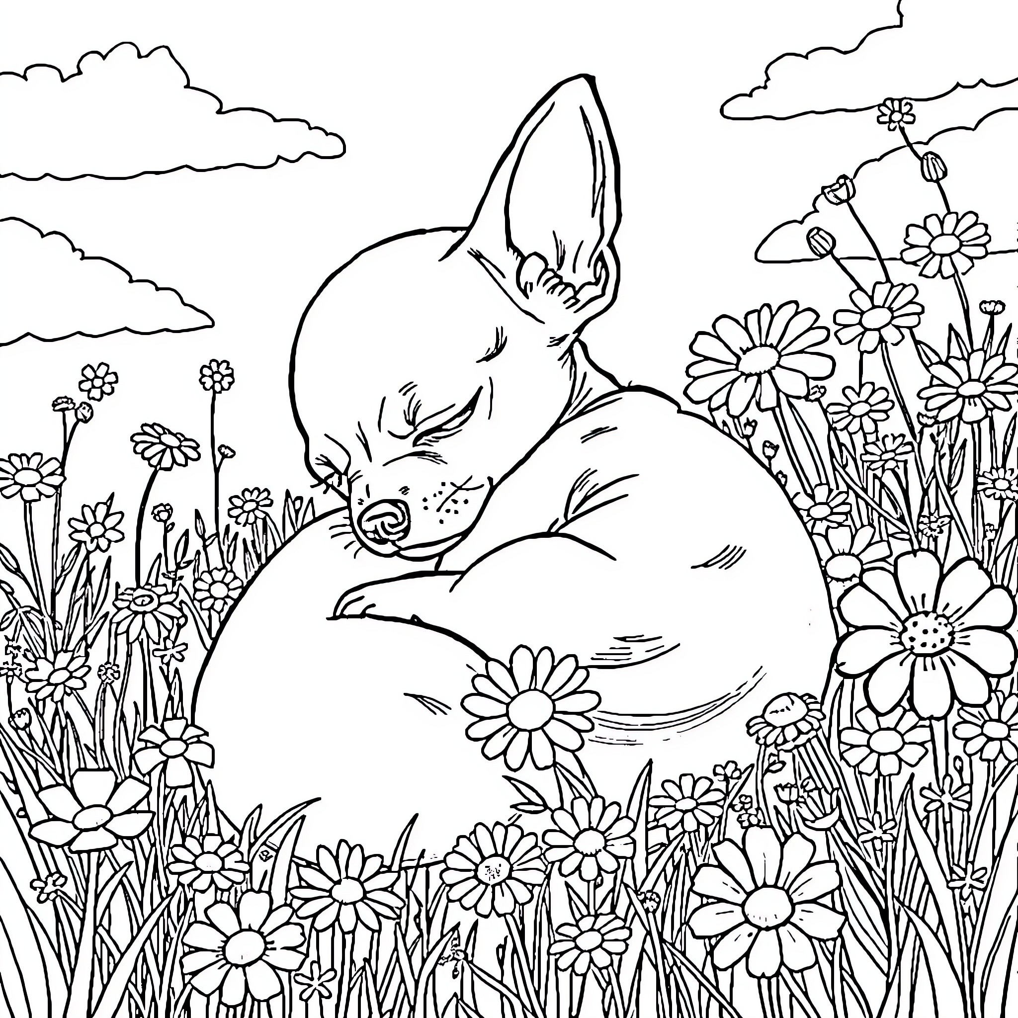 Chihuahua relaxing in a floral meadow Coloring Page (free black-and-white line drawing printable PDF for all, from beginners to advanced learners, including children, teens, adults, and seniors)