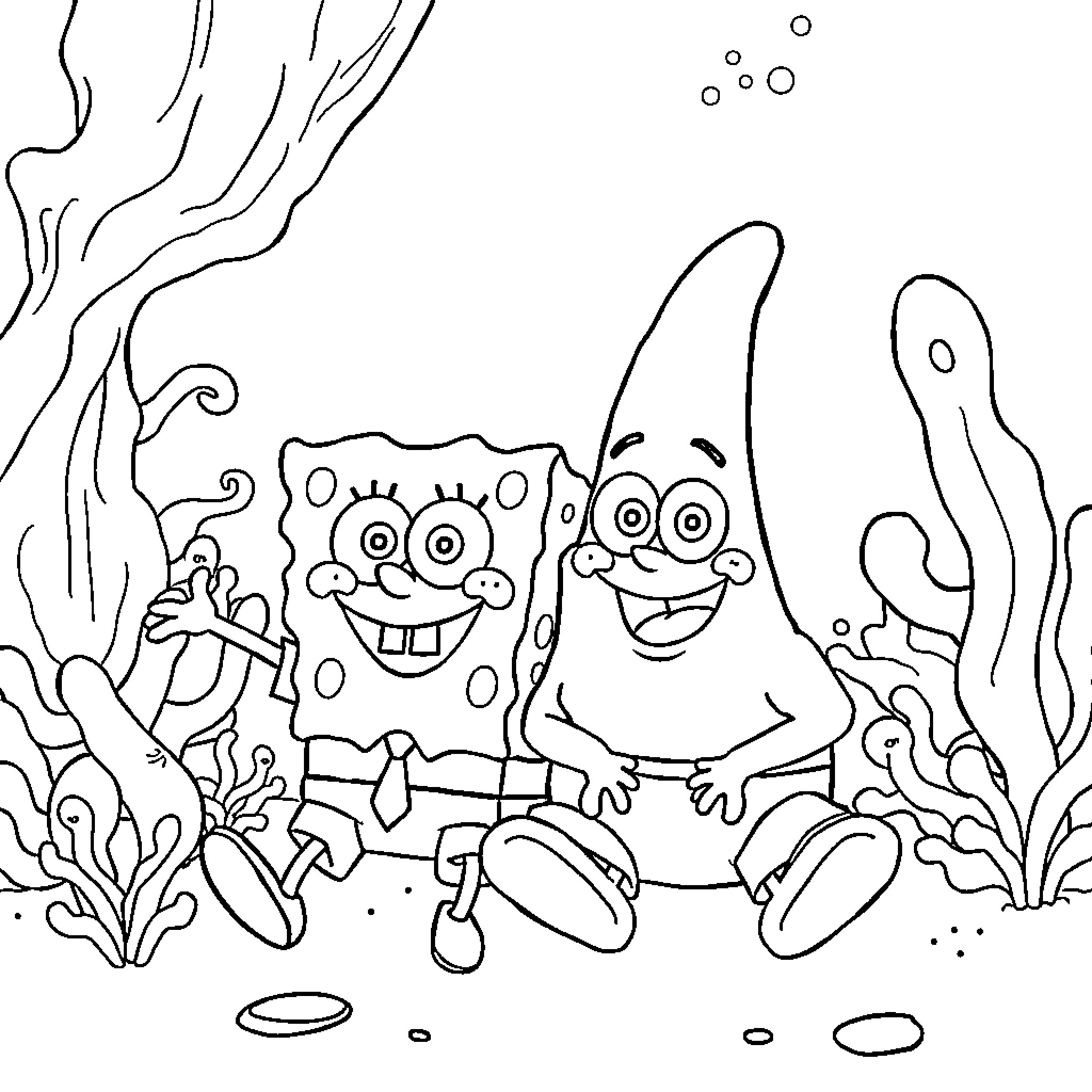 Spongebob and Patrick goofing around underwater Coloring Page (free black-and-white line drawing printable PDF for all, from beginners to advanced learners, including children, teens, adults, and seniors)