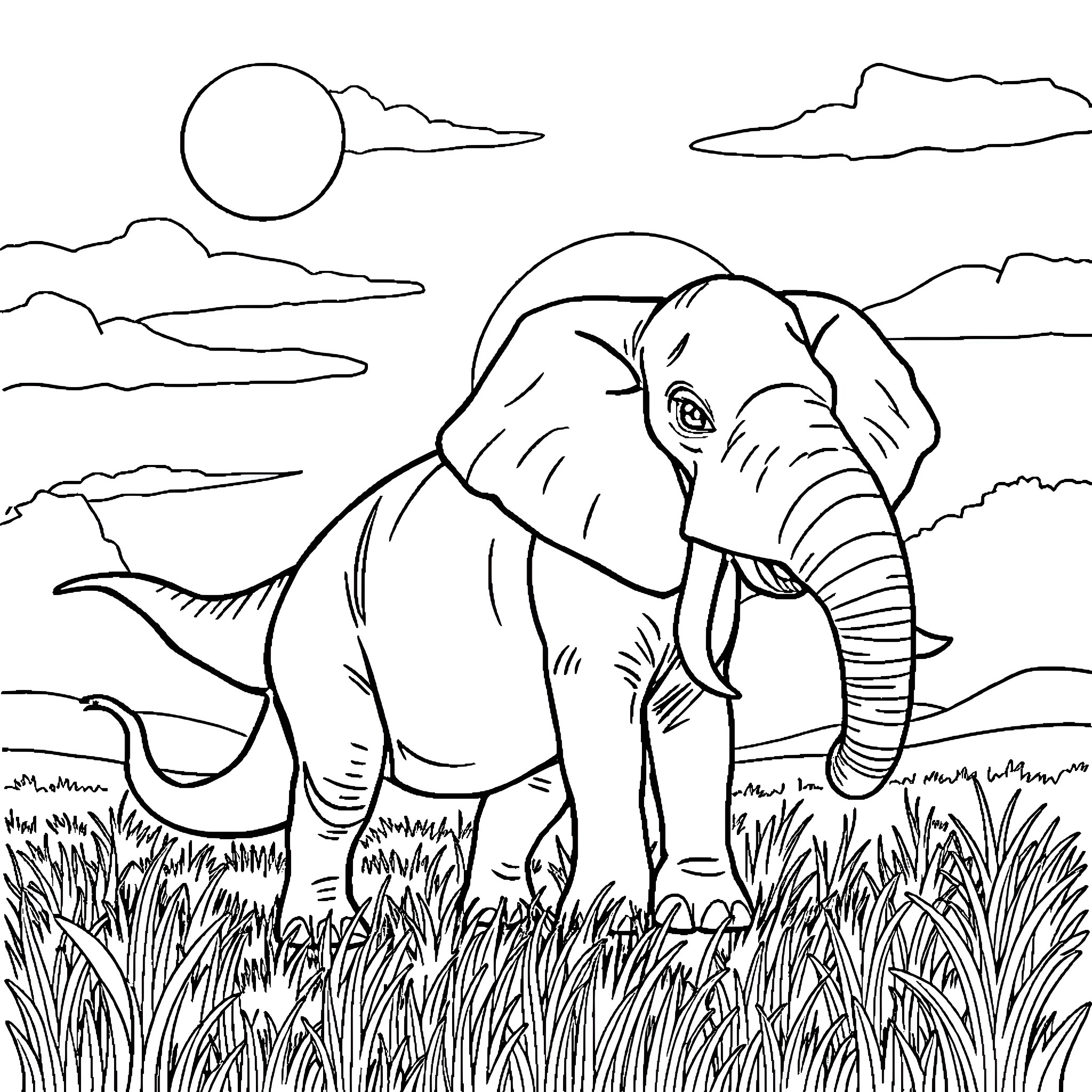 Dinosaur roaming in the wild Coloring Page (free black-and-white line drawing printable PDF for all, from beginners to advanced learners, including children, teens, adults, and seniors)