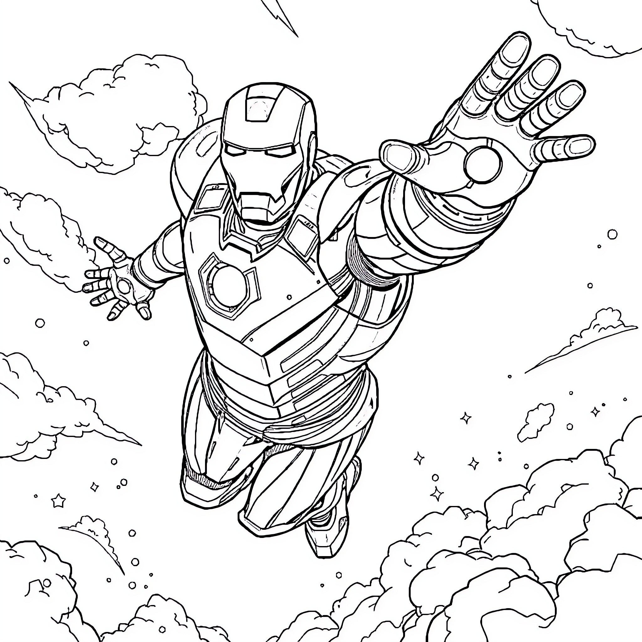 Iron Man Soaring Through the Skies in Action Coloring Page (free black-and-white line drawing printable PDF for all, from beginners to advanced learners, including children, teens, adults, and seniors)