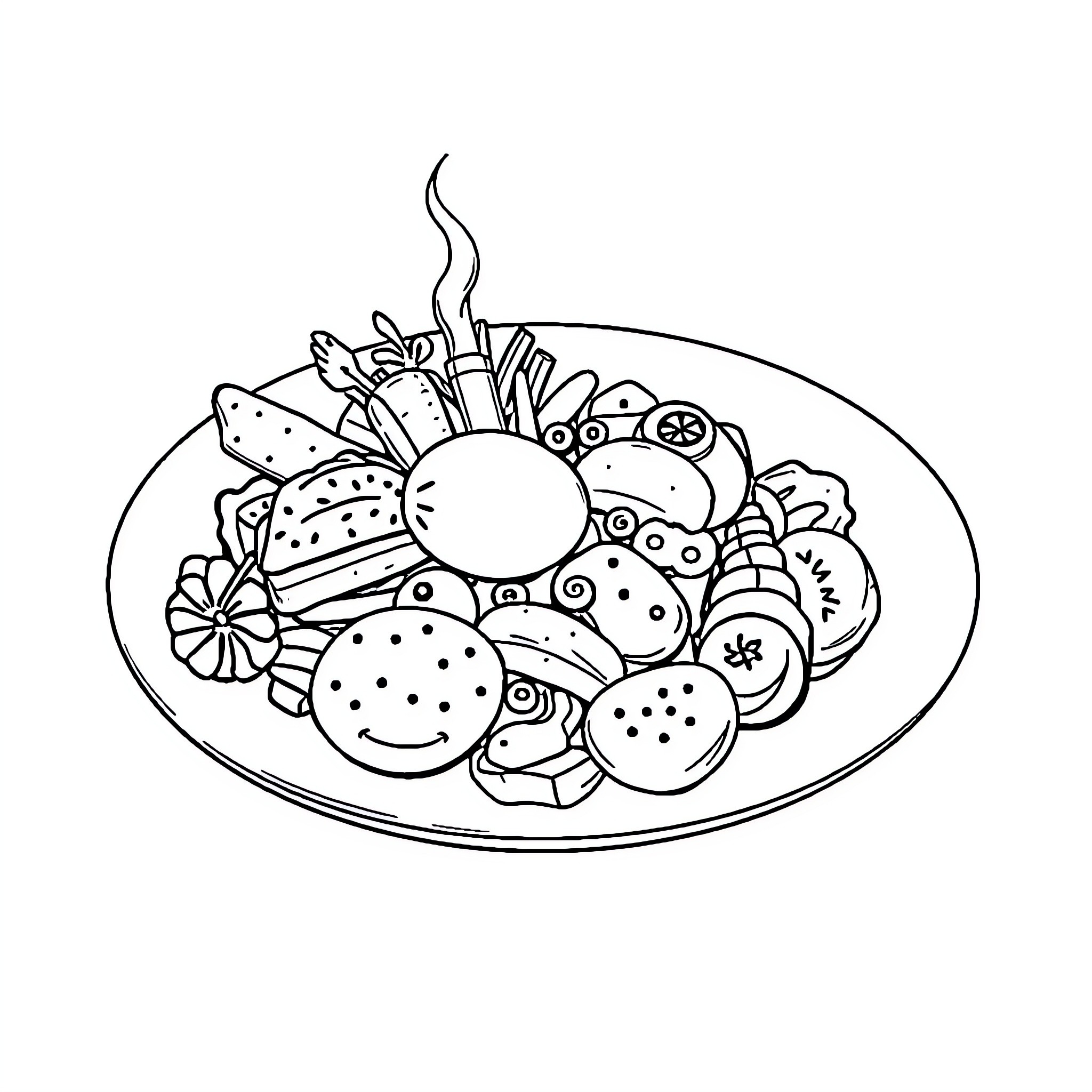 Full Plate of Assorted Cooked Foods Coloring Page (free black-and-white line drawing printable PDF for all, from beginners to advanced learners, including children, teens, adults, and seniors)