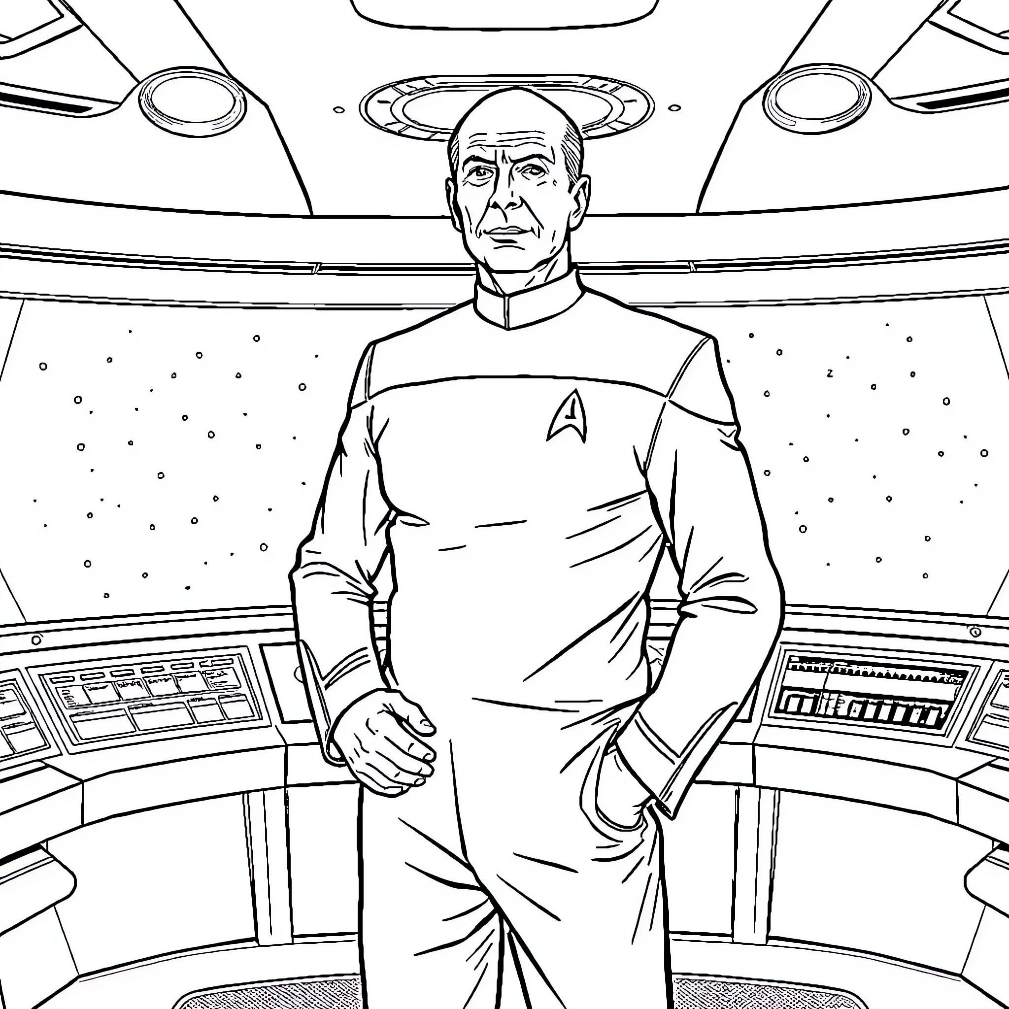 Captain Picard standing on the bridge of the Enterprise Coloring Page (free black-and-white line drawing printable PDF for all, from beginners to advanced learners, including children, teens, adults, and seniors)