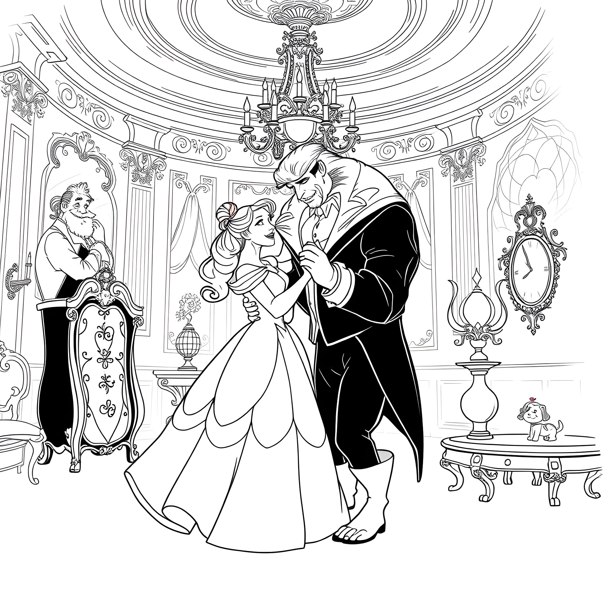 Beauty And The Beast dancing in a lavish ballroom Coloring Page (free black-and-white line drawing printable PDF for all, from beginners to advanced learners, including children, teens, adults, and seniors)
