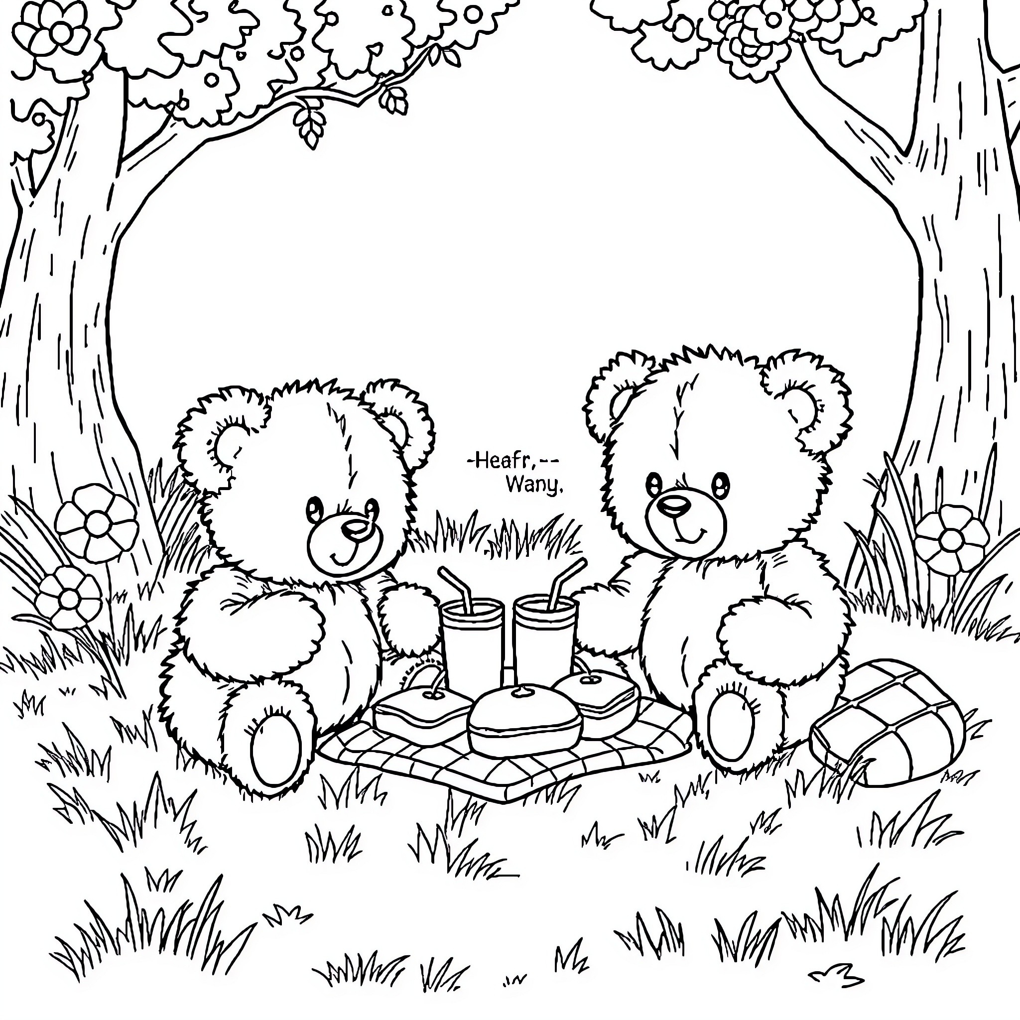 Teddy Bears Enjoying a Picnic in the Woods Coloring Page (free black-and-white line drawing printable PDF for all, from beginners to advanced learners, including children, teens, adults, and seniors)