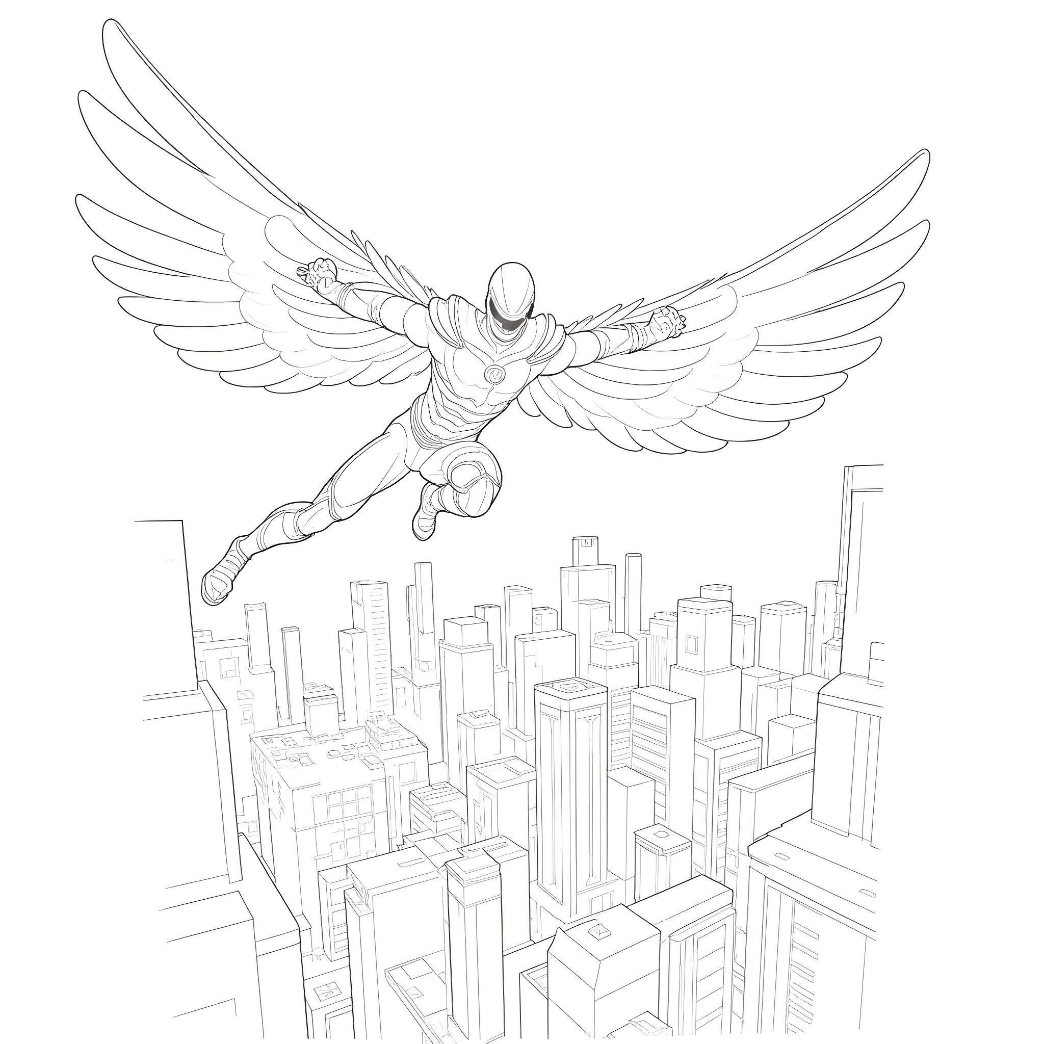 Spawn of the winged protector soaring over the cityscape Coloring Page (free black-and-white line drawing printable PDF for all, from beginners to advanced learners, including children, teens, adults, and seniors)