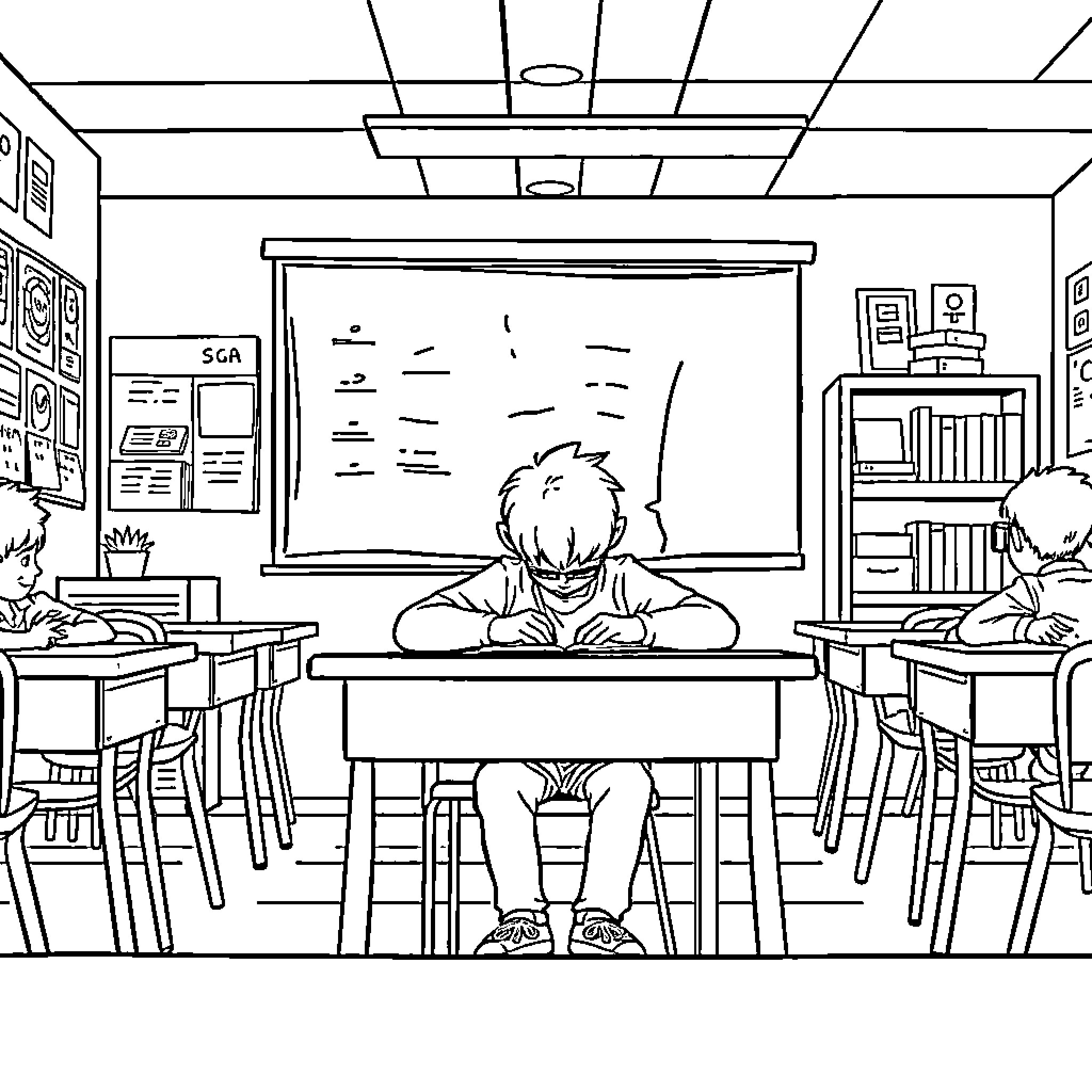 Students studying diligently in the classroom Coloring Page (free black-and-white line drawing printable PDF for all, from beginners to advanced learners, including children, teens, adults, and seniors)