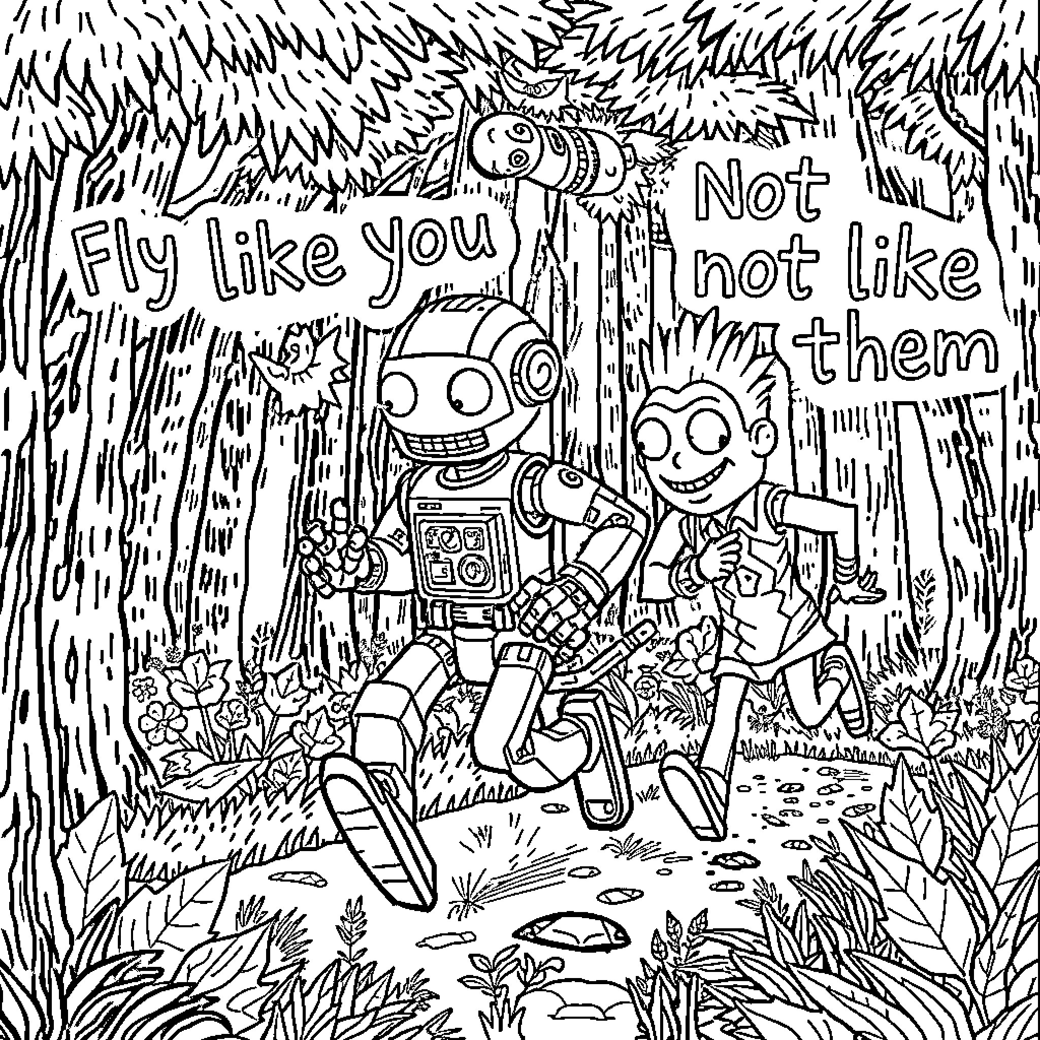 Robot friends explore the outdoors Coloring Page (free black-and-white line drawing printable PDF for all, from beginners to advanced learners, including children, teens, adults, and seniors)