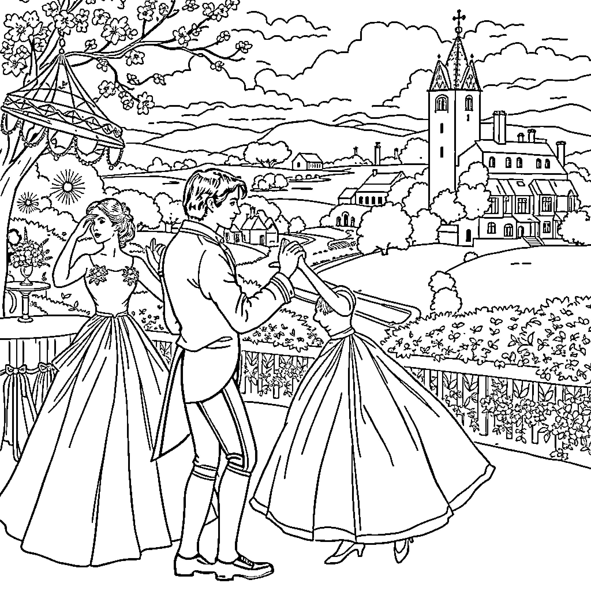 Pride and Prejudice: Elegant Couple Dancing in Picturesque Landscape Coloring Page (free black-and-white line drawing printable PDF for all, from beginners to advanced learners, including children, teens, adults, and seniors)
