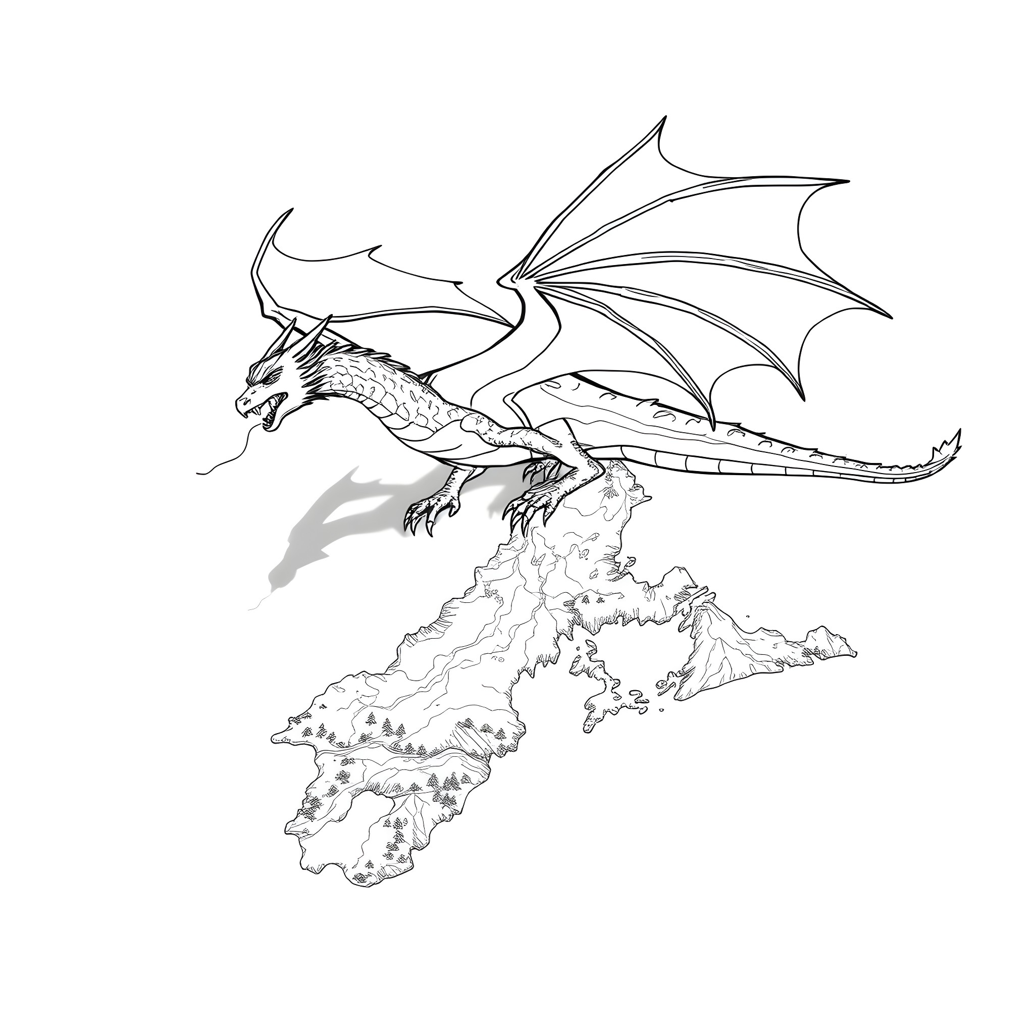 Dragon soaring gracefully over a mountainous landscape Coloring Page (free black-and-white line drawing printable PDF for all, from beginners to advanced learners, including children, teens, adults, and seniors)