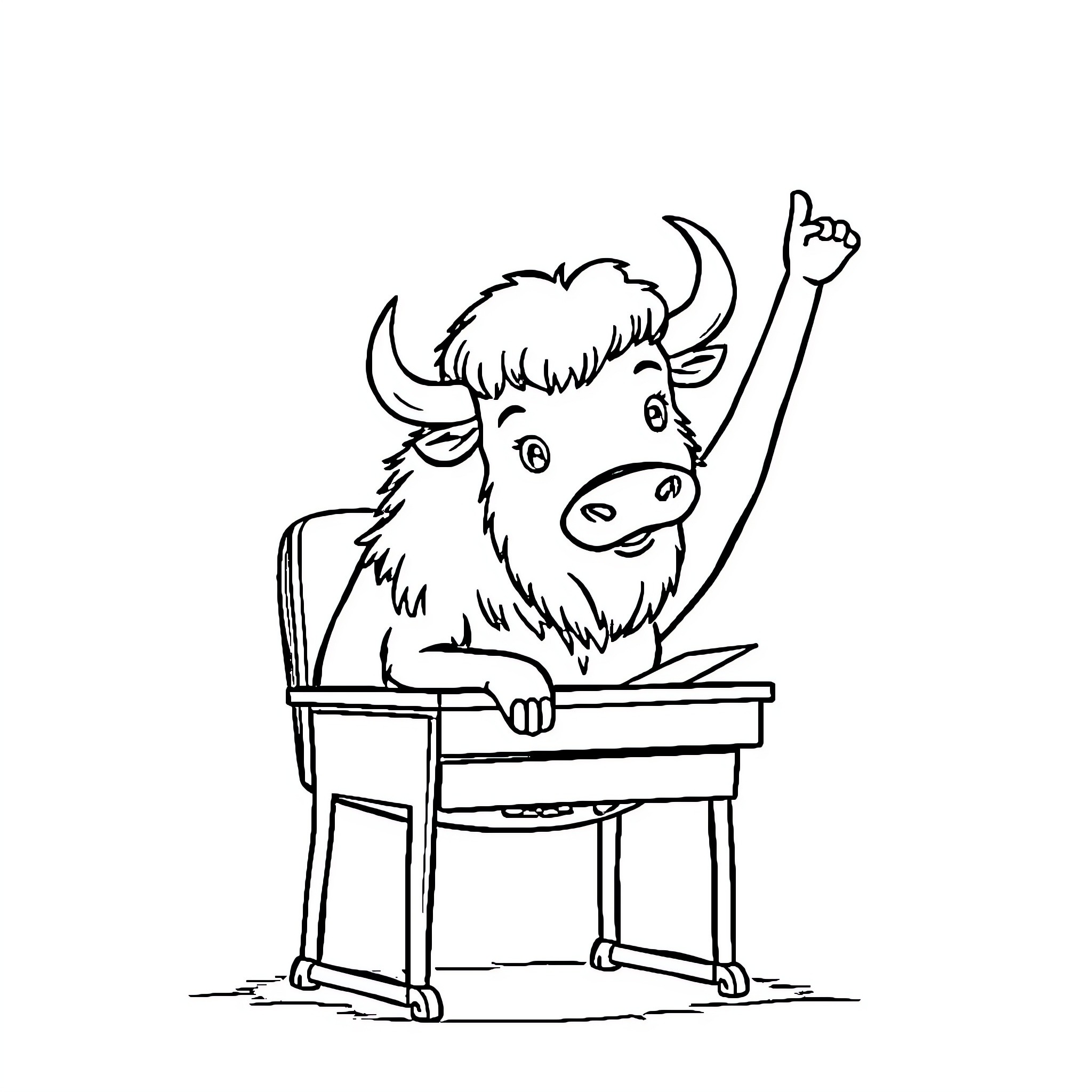 Bison raising hand excitedly in classroom Coloring Page (free black-and-white line drawing printable PDF for all, from beginners to advanced learners, including children, teens, adults, and seniors)