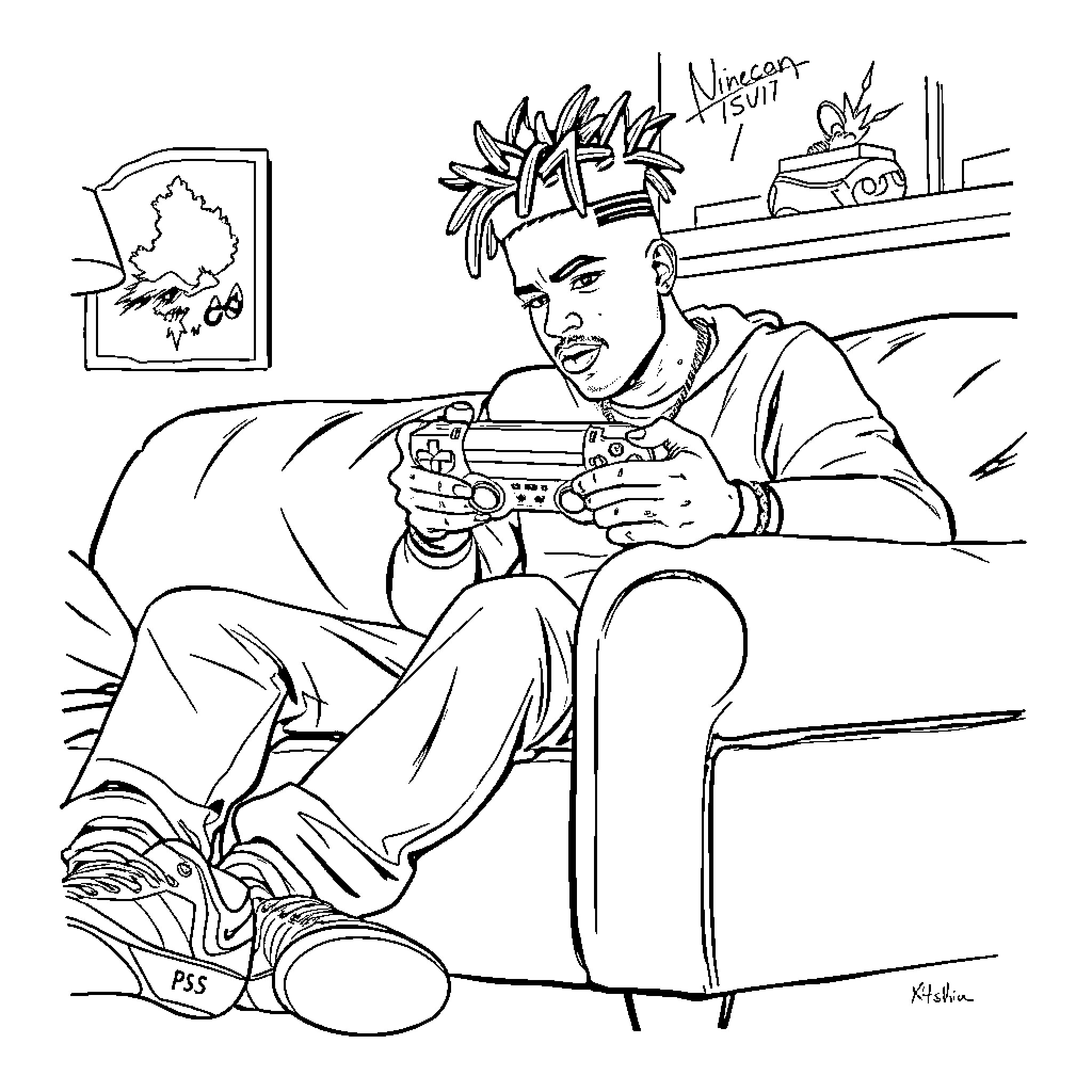 Xxxtentacion playing video games in room Coloring Page (free black-and-white line drawing printable PDF for all, from beginners to advanced learners, including children, teens, adults, and seniors)