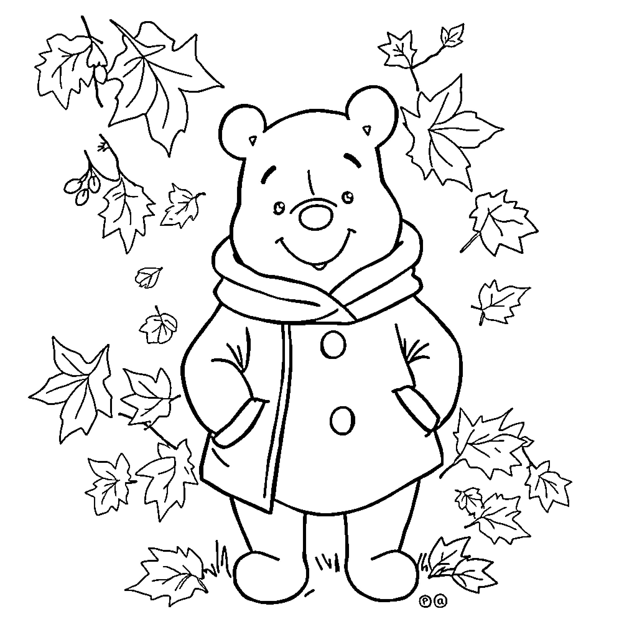 Winnie The Pooh in Autumn Leaves Attire Coloring Page (free black-and-white line drawing printable PDF for all, from beginners to advanced learners, including children, teens, adults, and seniors)
