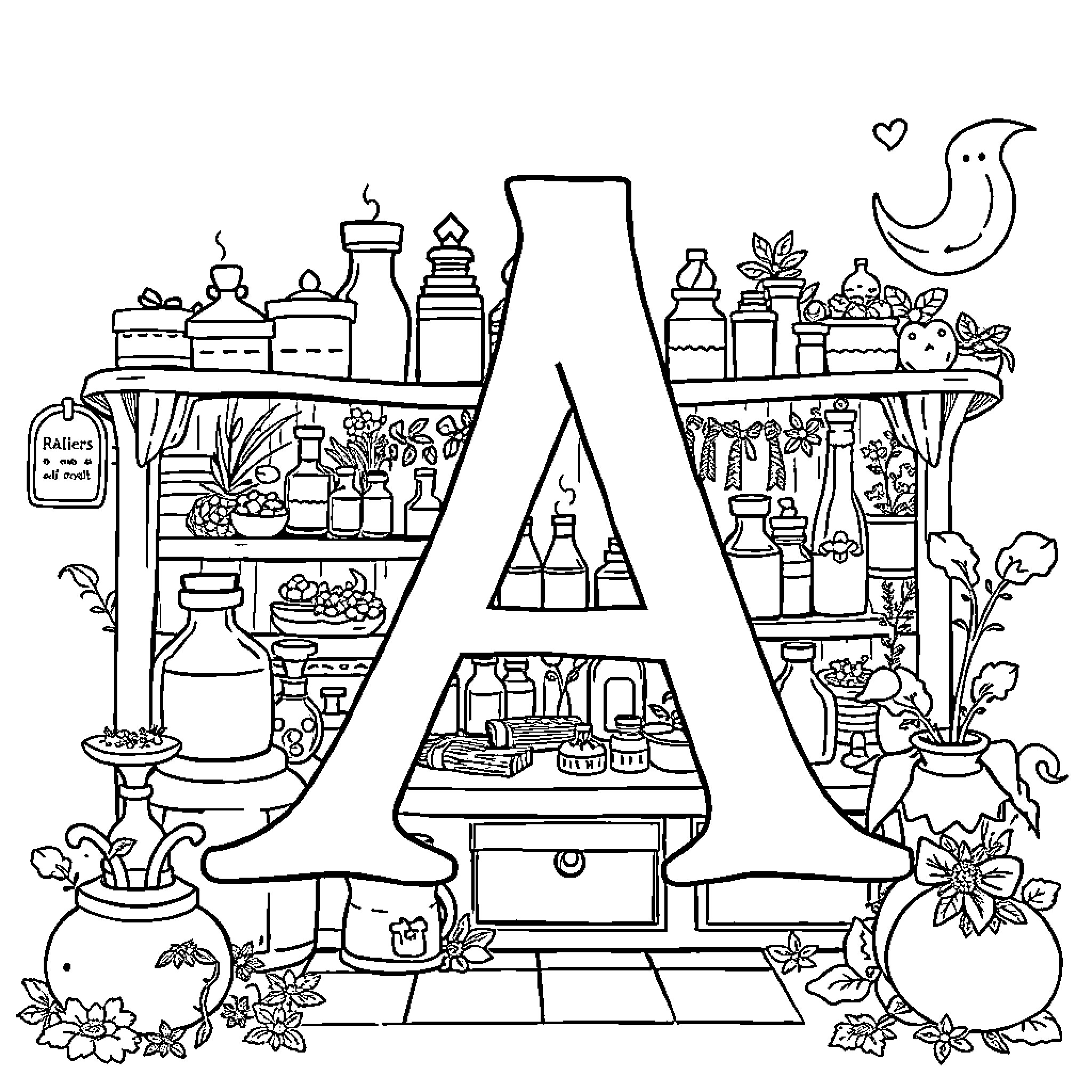 Apothecary's Whimsical Wonderland of Herbs and Potions Coloring Page (free black-and-white line drawing printable PDF for all, from beginners to advanced learners, including children, teens, adults, and seniors)