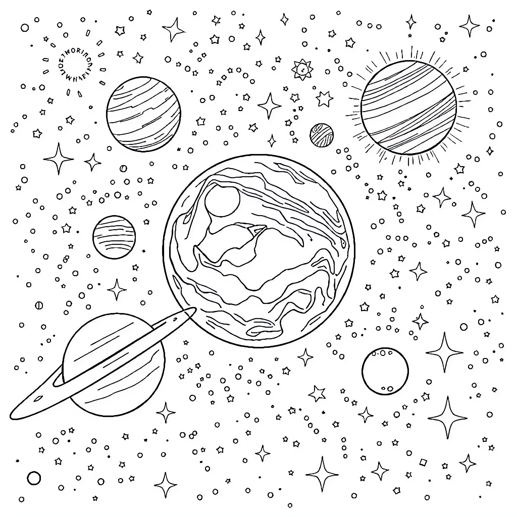 Solar System with Planets and Cosmic Scenery Coloring Page (free black-and-white line drawing printable PDF for all, from beginners to advanced learners, including children, teens, adults, and seniors)