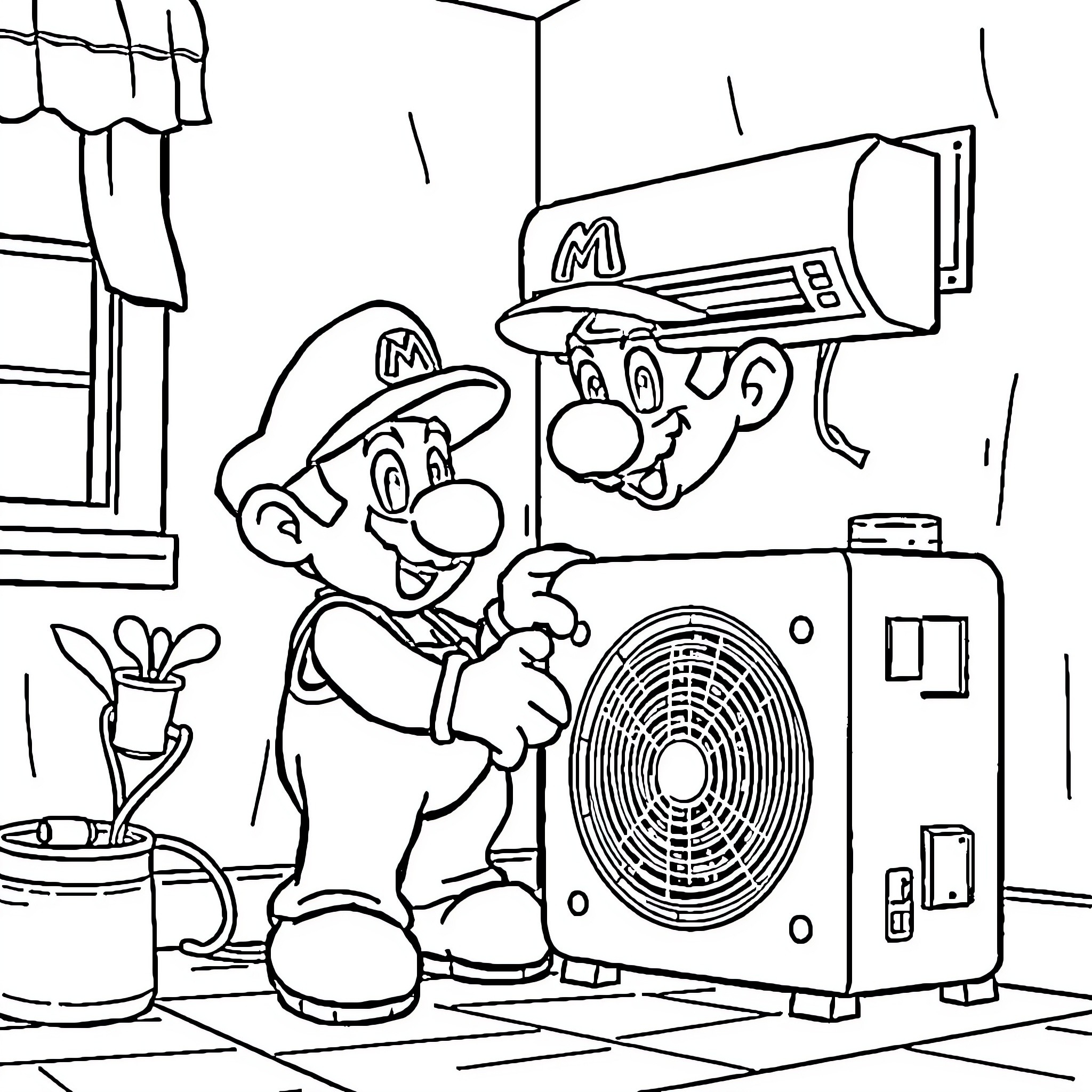 Super Mario Repairing Air Conditioner in Plumber Outfit Coloring Page (free black-and-white line drawing printable PDF for all, from beginners to advanced learners, including children, teens, adults, and seniors)