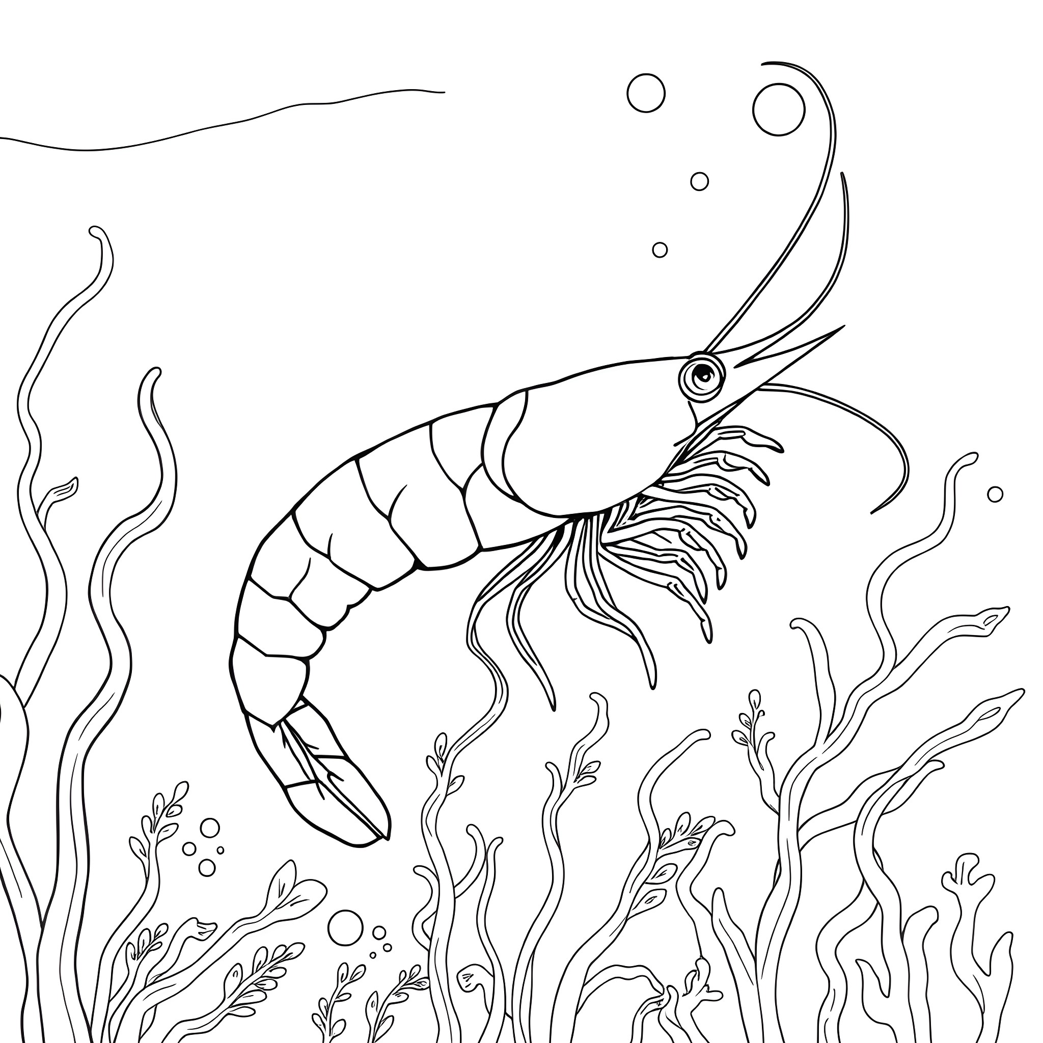 Shrimp swimming among seaweed in the ocean Coloring Page (free black-and-white line drawing printable PDF for all, from beginners to advanced learners, including children, teens, adults, and seniors)