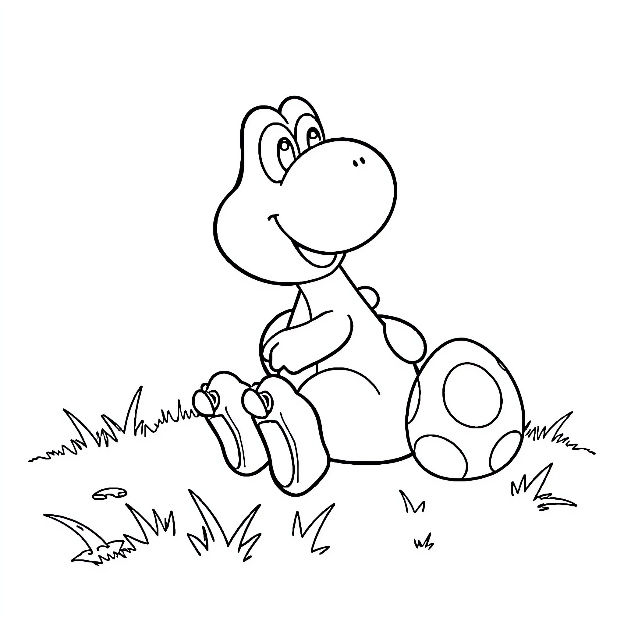 Yoshi enjoying a peaceful day in the meadow Coloring Page (free black-and-white line drawing printable PDF for all, from beginners to advanced learners, including children, teens, adults, and seniors)