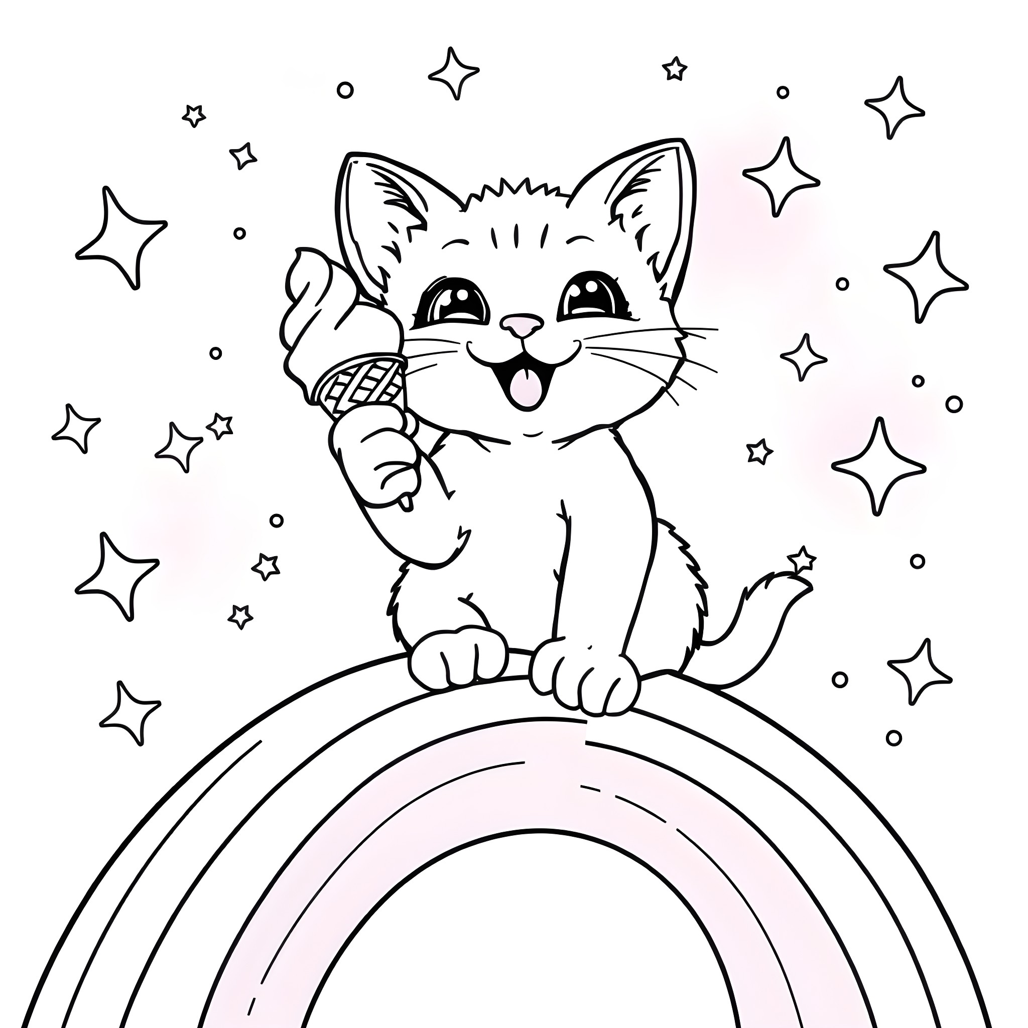Kitty sitting on a rainbow with stars Coloring Page (free black-and-white line drawing printable PDF for all, from beginners to advanced learners, including children, teens, adults, and seniors)