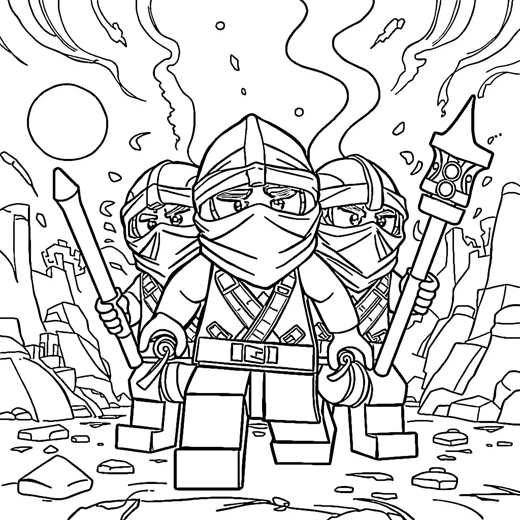 Ninjago warriors in action-packed battle scene Coloring Page (free black-and-white line drawing printable PDF for all, from beginners to advanced learners, including children, teens, adults, and seniors)