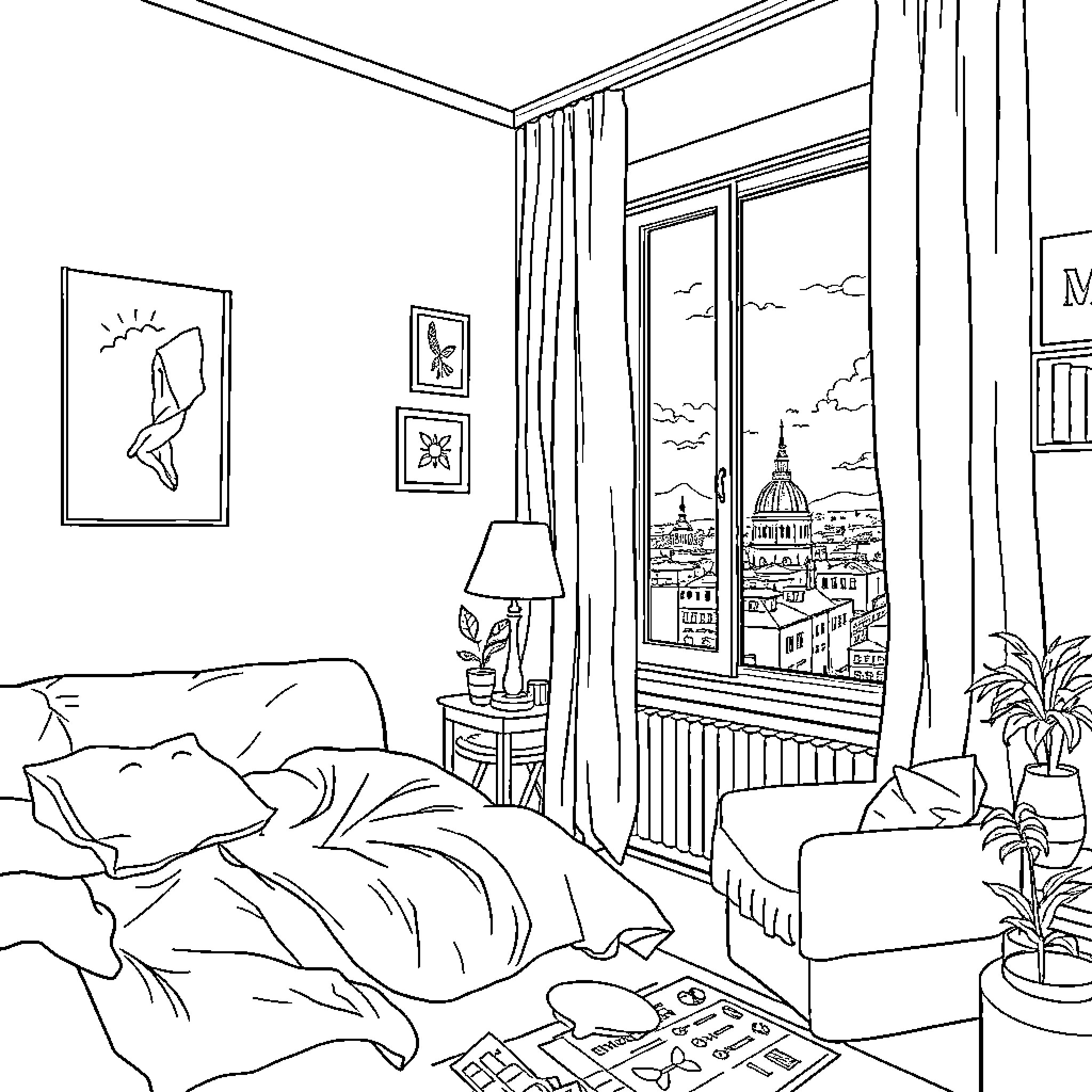 Budapest Room with City View Coloring Page (free black-and-white line drawing printable PDF for all, from beginners to advanced learners, including children, teens, adults, and seniors)