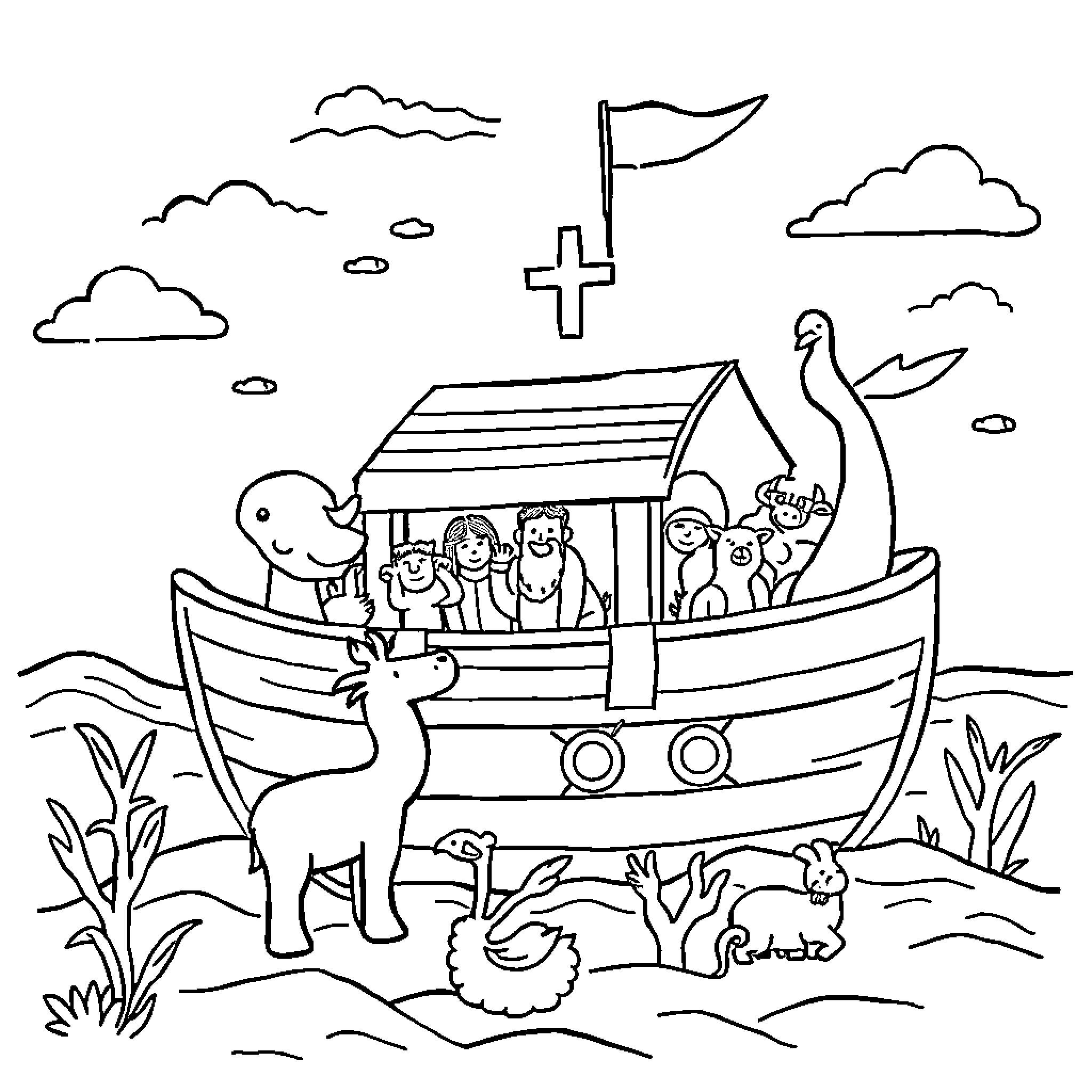 Kids in a boat sailing on the water Coloring Page (free black-and-white line drawing printable PDF for all, from beginners to advanced learners, including children, teens, adults, and seniors)