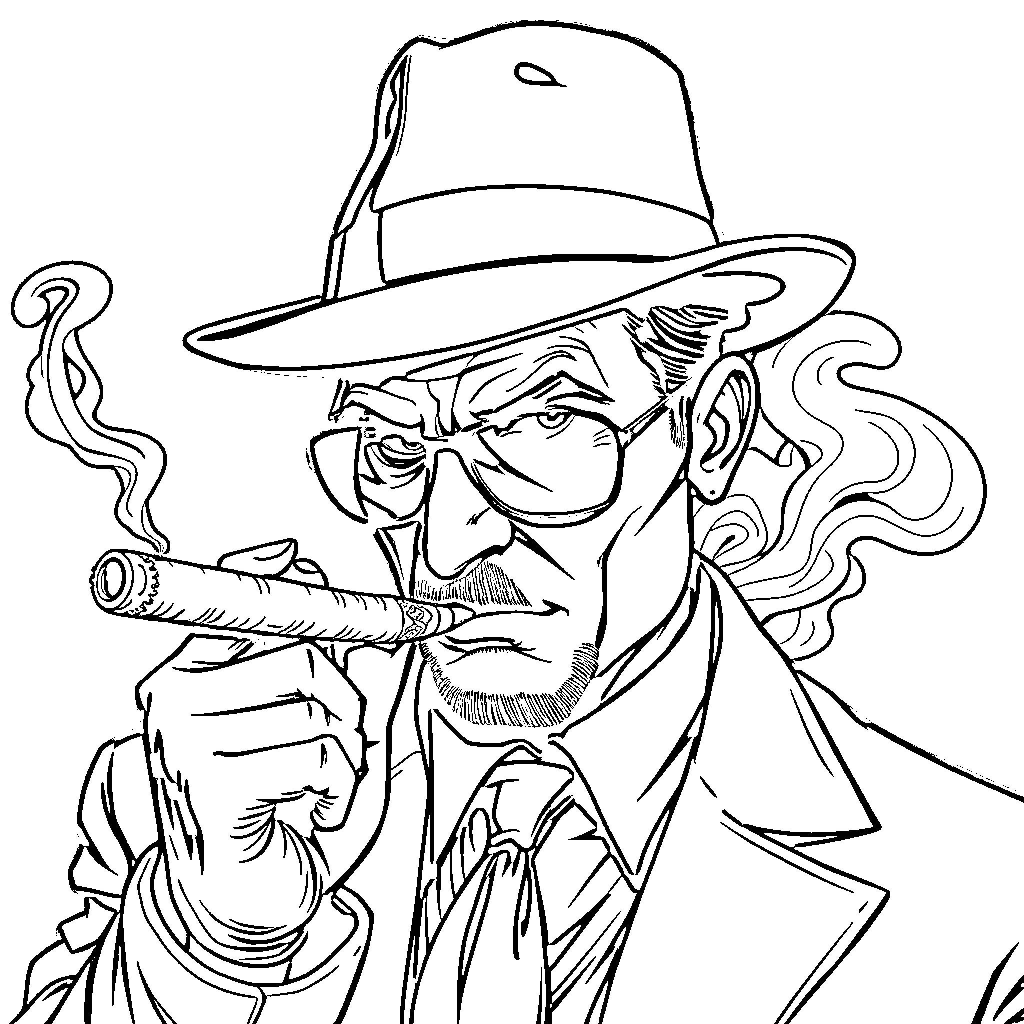 Gangster with cigar and wary expression Coloring Page (free black-and-white line drawing printable PDF for all, from beginners to advanced learners, including children, teens, adults, and seniors)