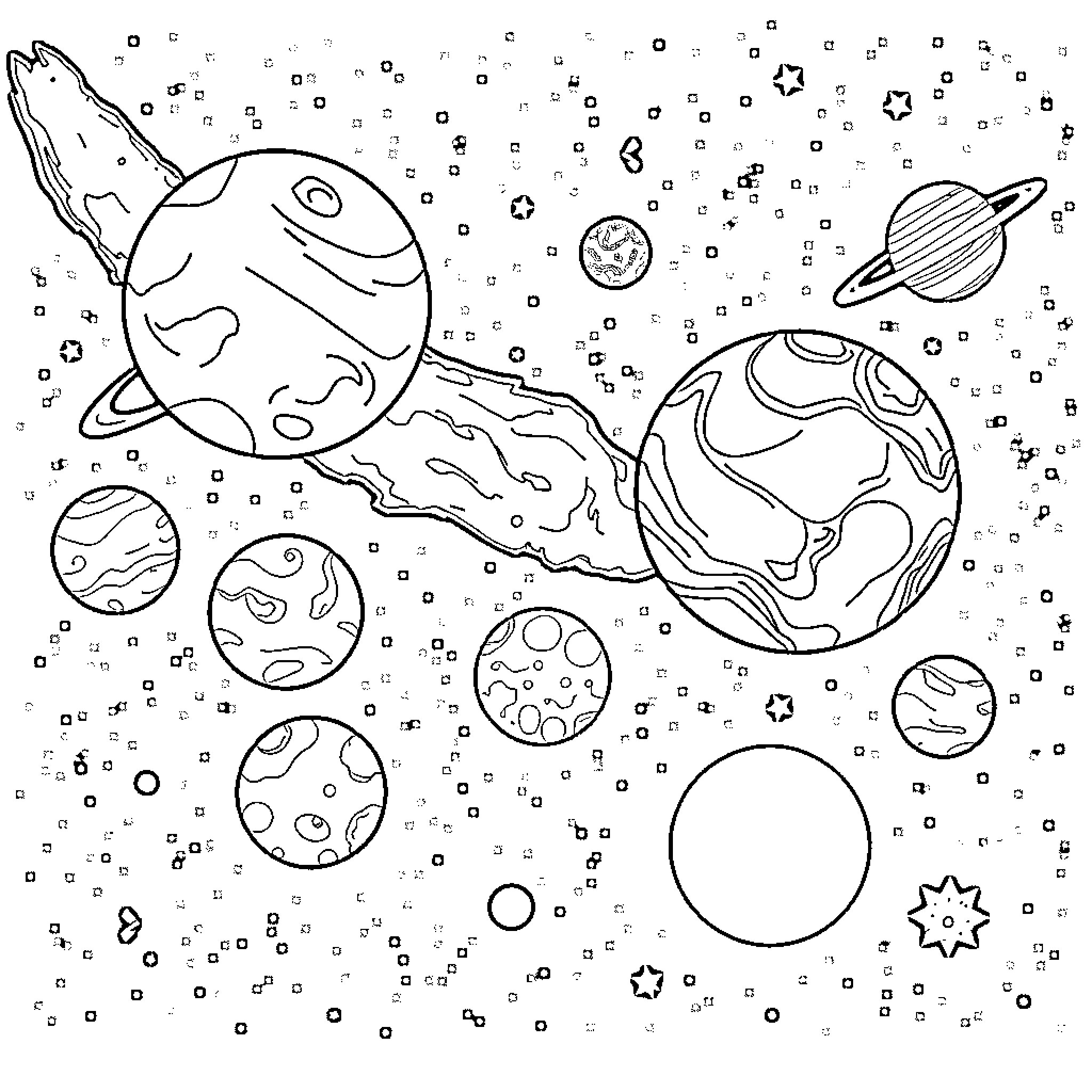 Planet Exploration in the Cosmic Expanse Coloring Page (free black-and-white line drawing printable PDF for all, from beginners to advanced learners, including children, teens, adults, and seniors)