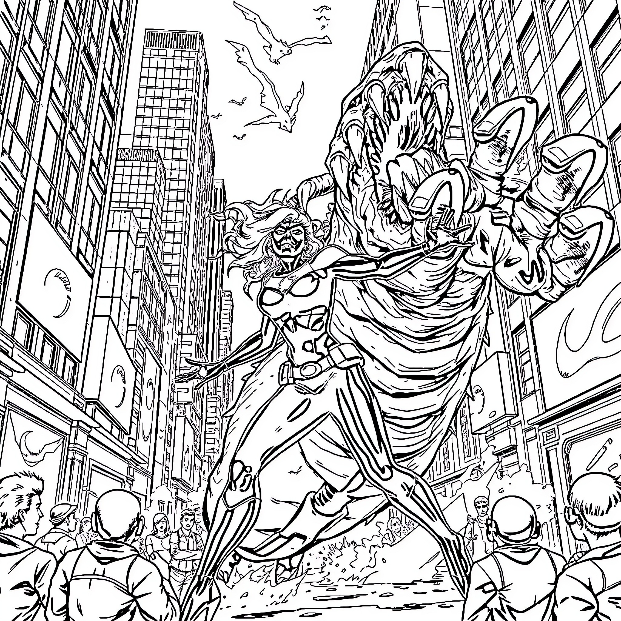 Black Widow battles villains in the city streets Coloring Page (free black-and-white line drawing printable PDF for all, from beginners to advanced learners, including children, teens, adults, and seniors)