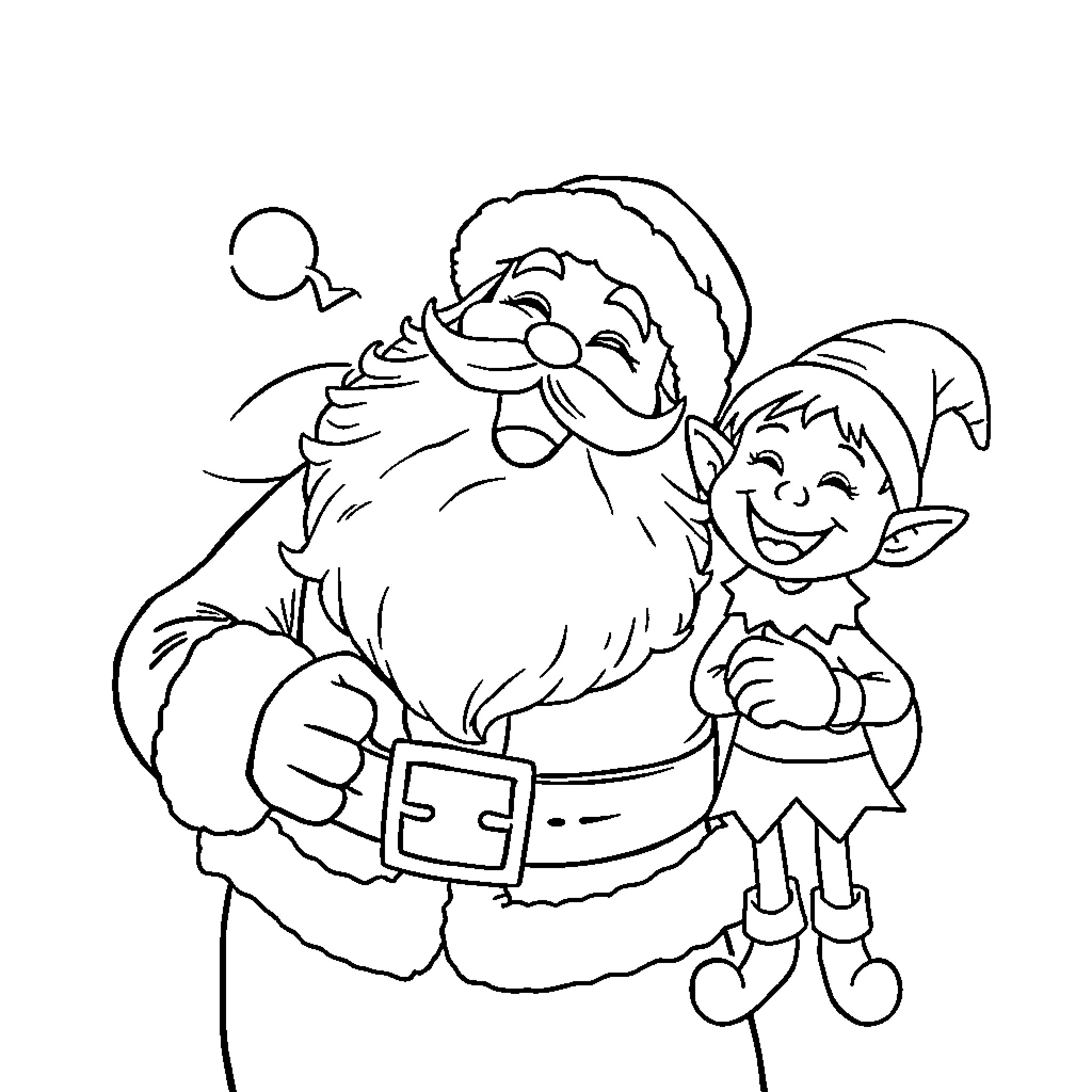 Santa and Elf Sharing Holiday Cheer Coloring Page (free black-and-white line drawing printable PDF for all, from beginners to advanced learners, including children, teens, adults, and seniors)