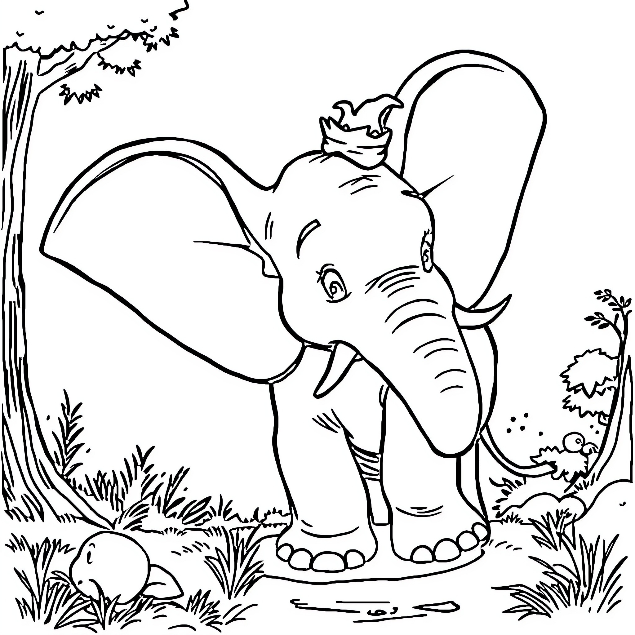 Dumbo the adorable elephant exploring the forest Coloring Page (free black-and-white line drawing printable PDF for all, from beginners to advanced learners, including children, teens, adults, and seniors)