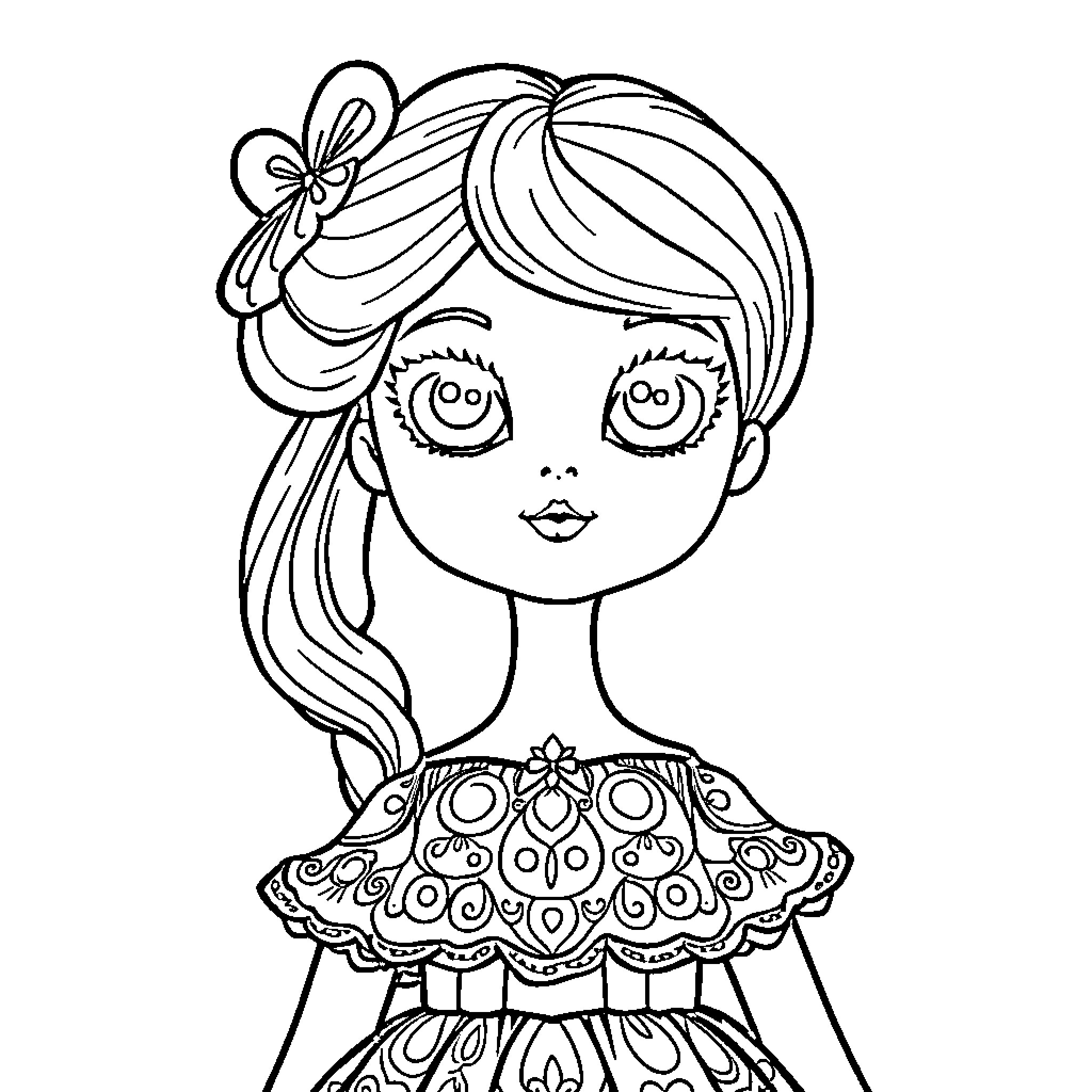 Doll with a Bow Dressed in Elaborate Outfit Coloring Page (free black-and-white line drawing printable PDF for all, from beginners to advanced learners, including children, teens, adults, and seniors)