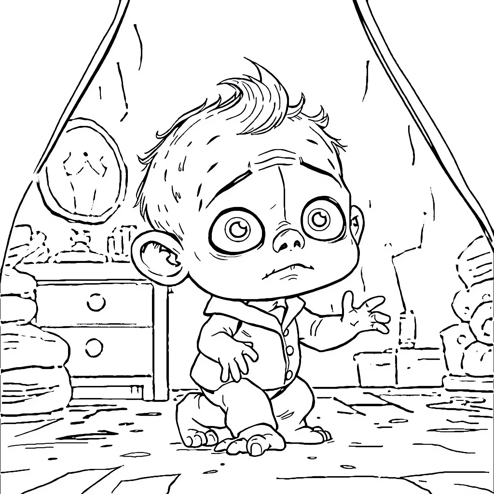 Baby Creature Sitting Sadly in Bedroom Coloring Page (free black-and-white line drawing printable PDF for all, from beginners to advanced learners, including children, teens, adults, and seniors)