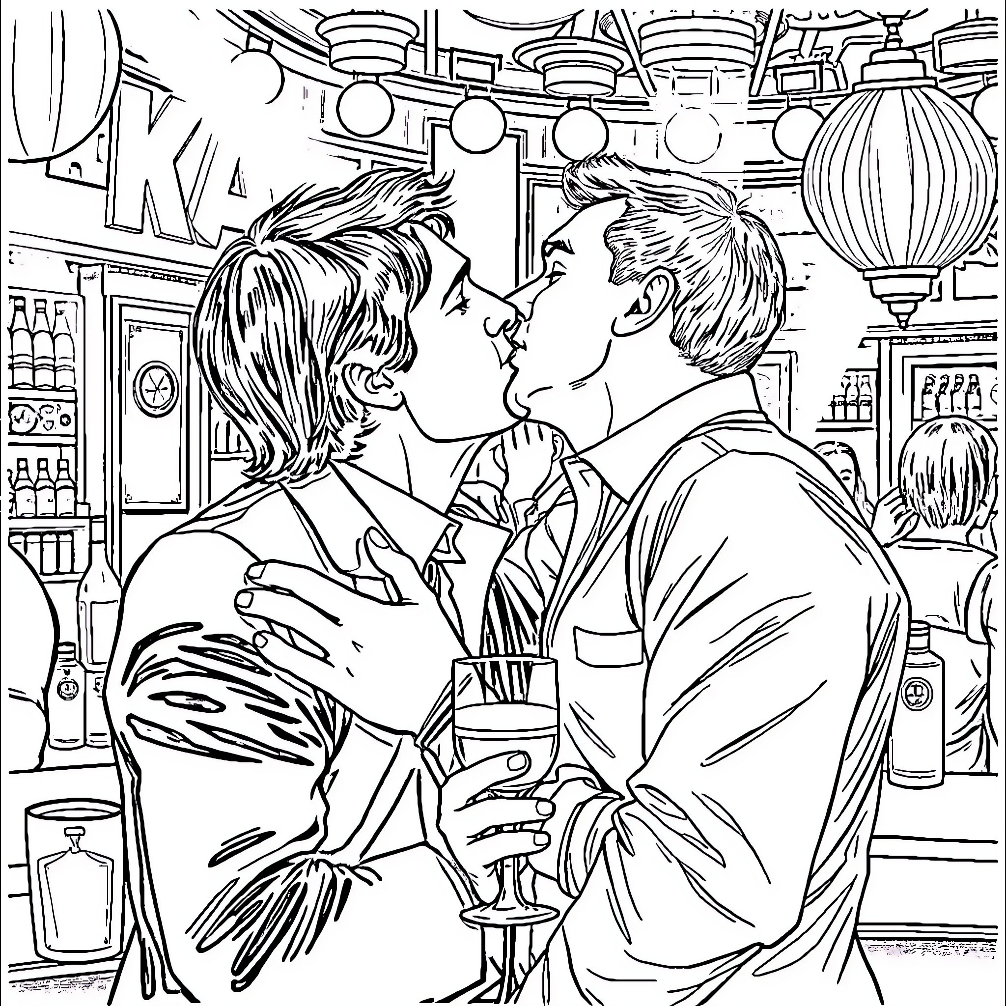 Tom Cruise in a passionate romantic scene Coloring Page (free black-and-white line drawing printable PDF for all, from beginners to advanced learners, including children, teens, adults, and seniors)