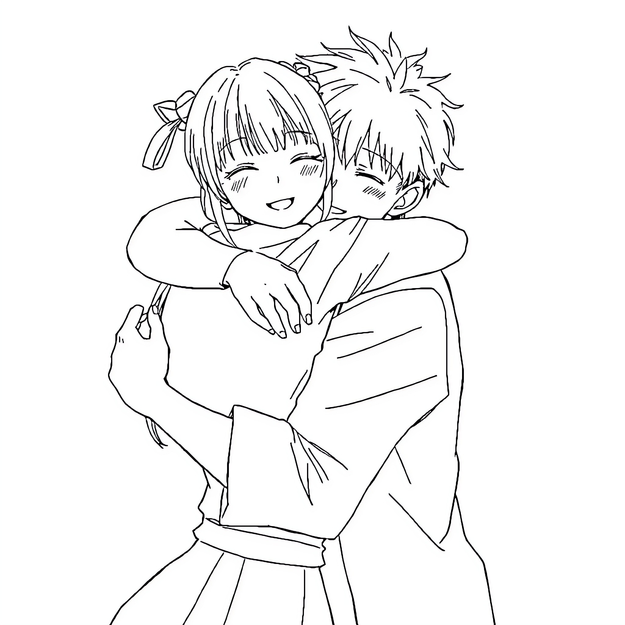 Nobara Kugisaki sharing a tender embrace with a companion Coloring Page (free black-and-white line drawing printable PDF for all, from beginners to advanced learners, including children, teens, adults, and seniors)