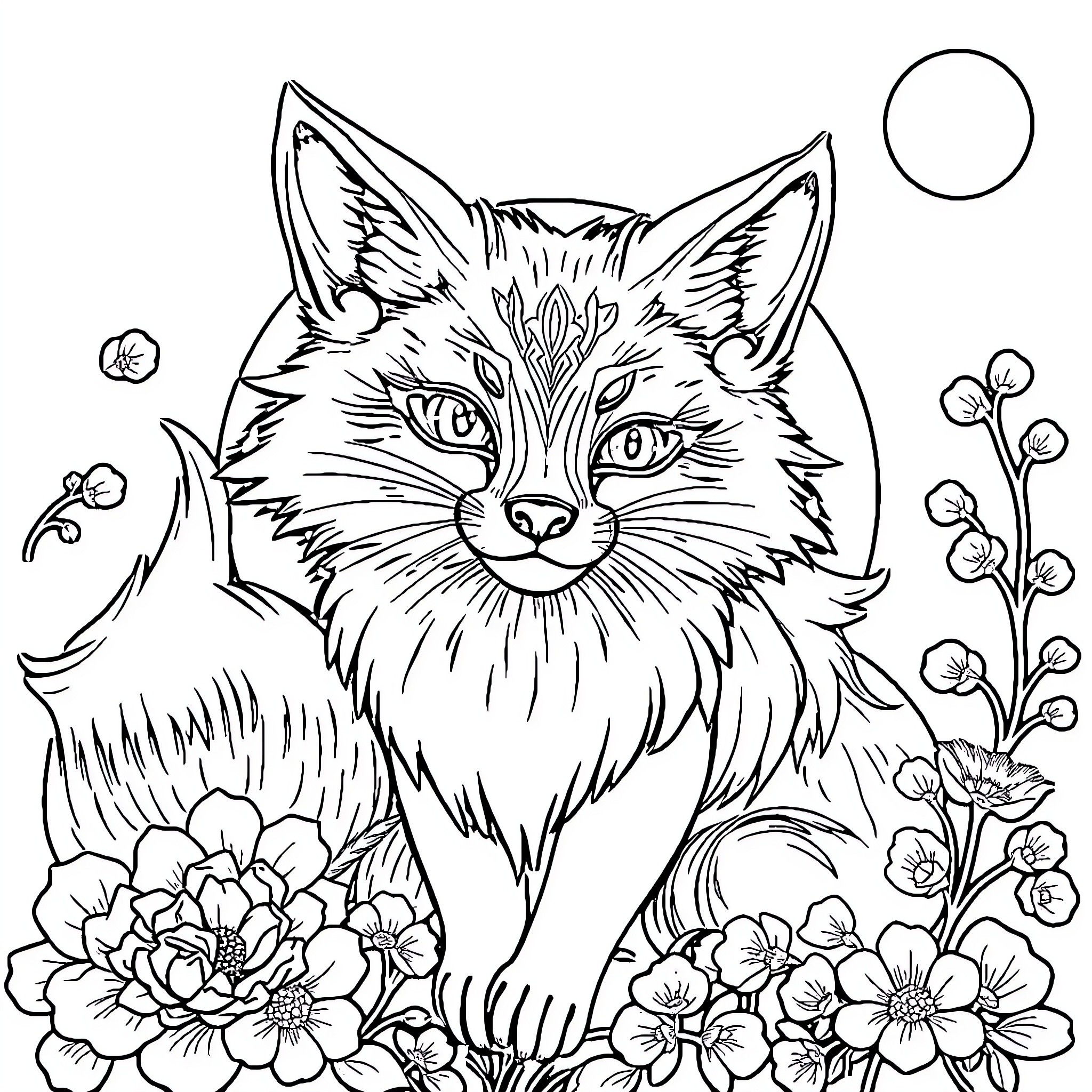 Kitsune fox amid blossoms and nature Coloring Page (free black-and-white line drawing printable PDF for all, from beginners to advanced learners, including children, teens, adults, and seniors)