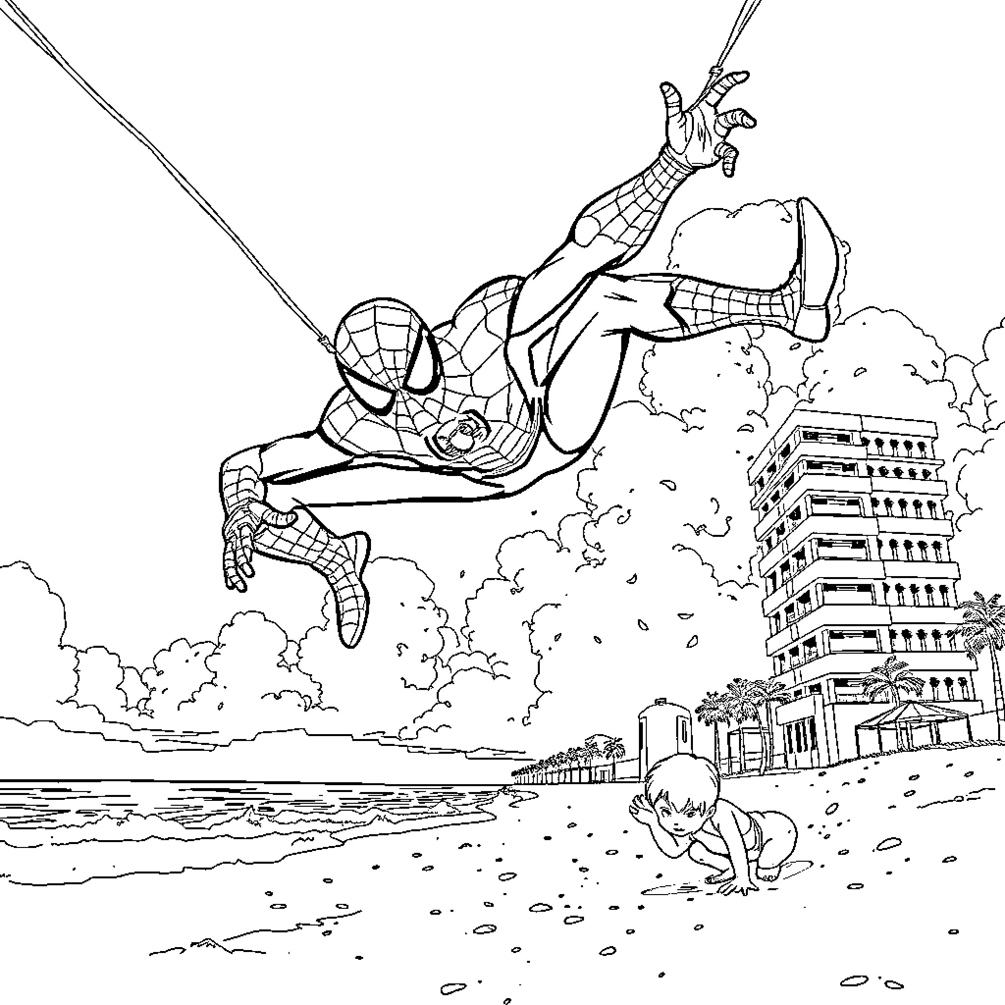 Spiderman swinging through the air over the city Coloring Page (free black-and-white line drawing printable PDF for all, from beginners to advanced learners, including children, teens, adults, and seniors)