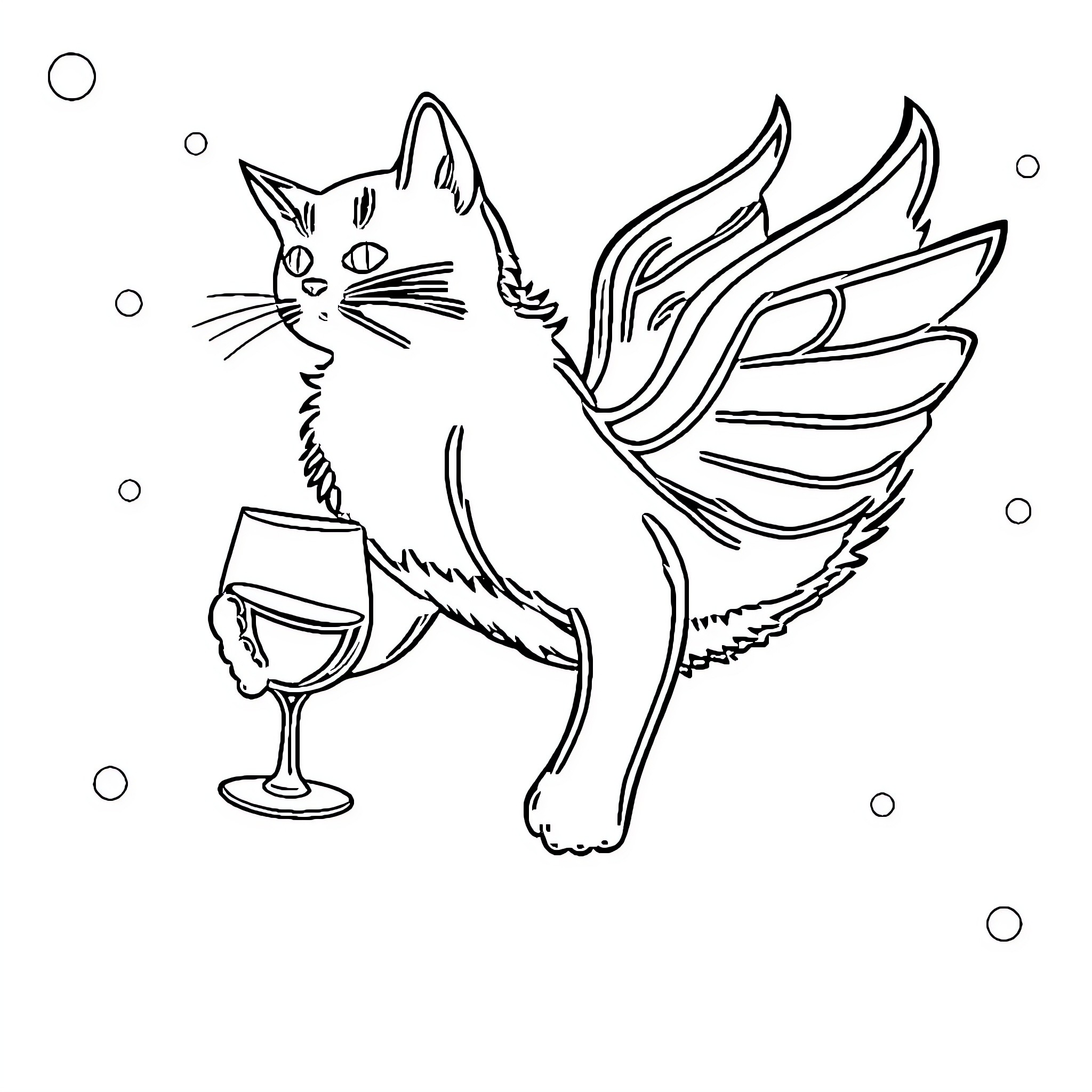 Cat with wings holding a glass Coloring Page (free black-and-white line drawing printable PDF for all, from beginners to advanced learners, including children, teens, adults, and seniors)