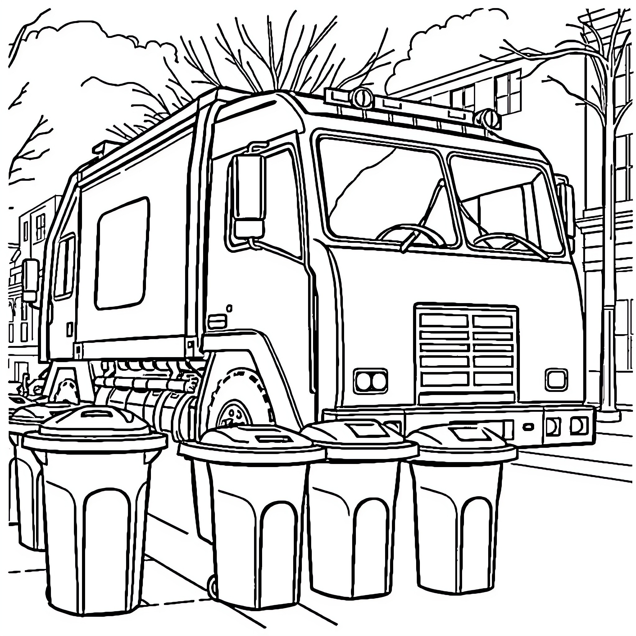 Garbage Truck Collecting Trash in the City Coloring Page (free black-and-white line drawing printable PDF for all, from beginners to advanced learners, including children, teens, adults, and seniors)