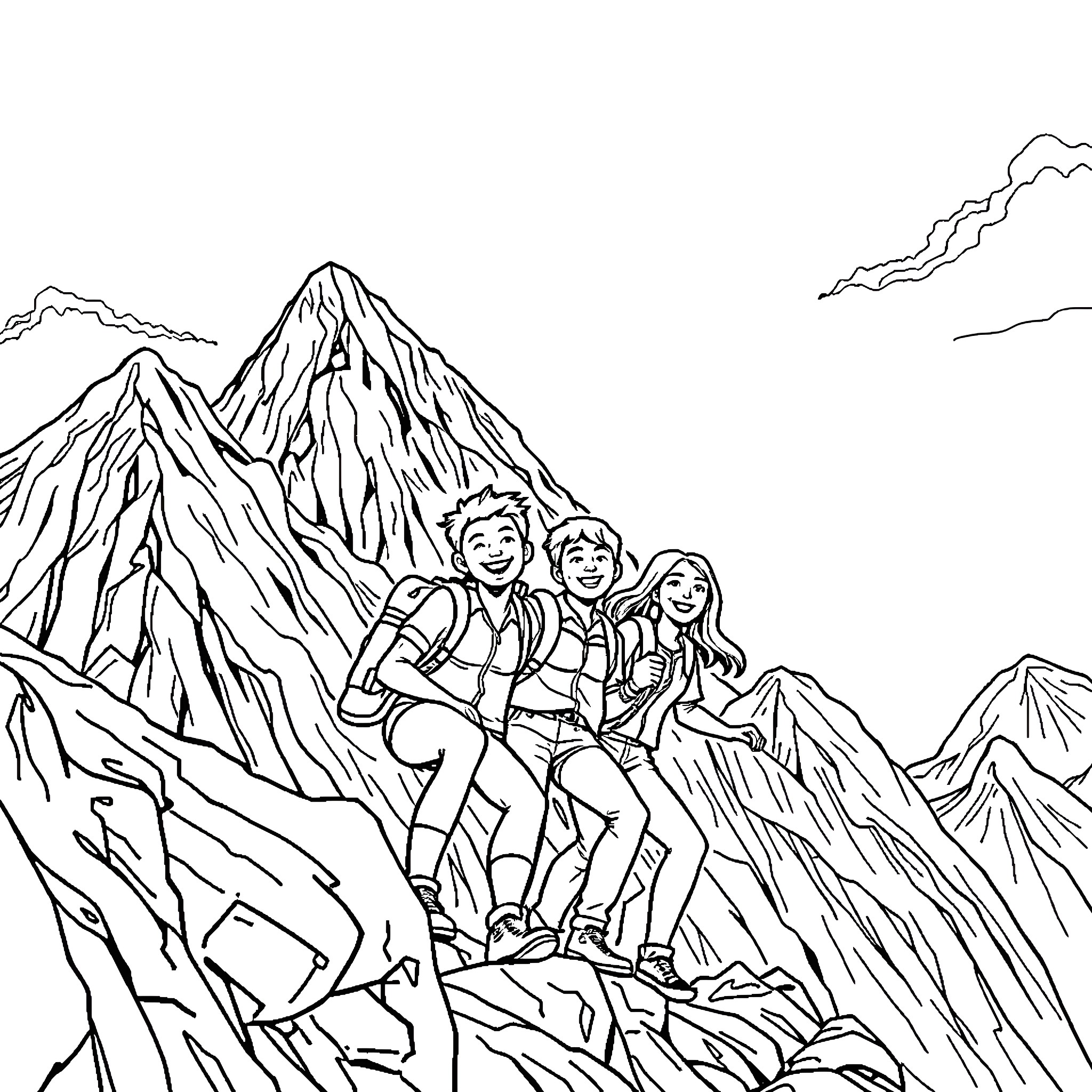 Person Hiking with Friends in the Mountains Coloring Page (free black-and-white line drawing printable PDF for all, from beginners to advanced learners, including children, teens, adults, and seniors)