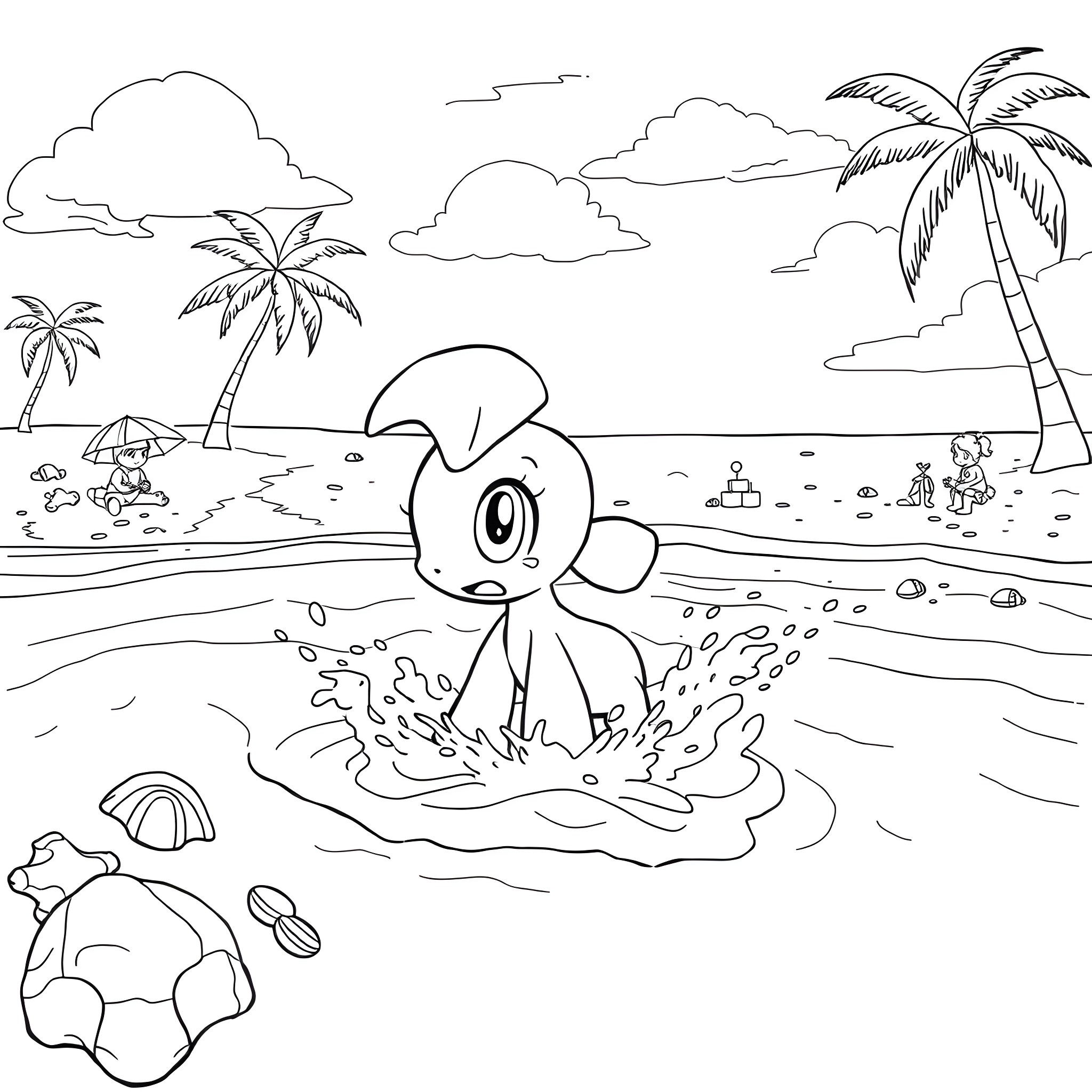 Poliwhirl enjoying a day at the beach Coloring Page (free black-and-white line drawing printable PDF for all, from beginners to advanced learners, including children, teens, adults, and seniors)