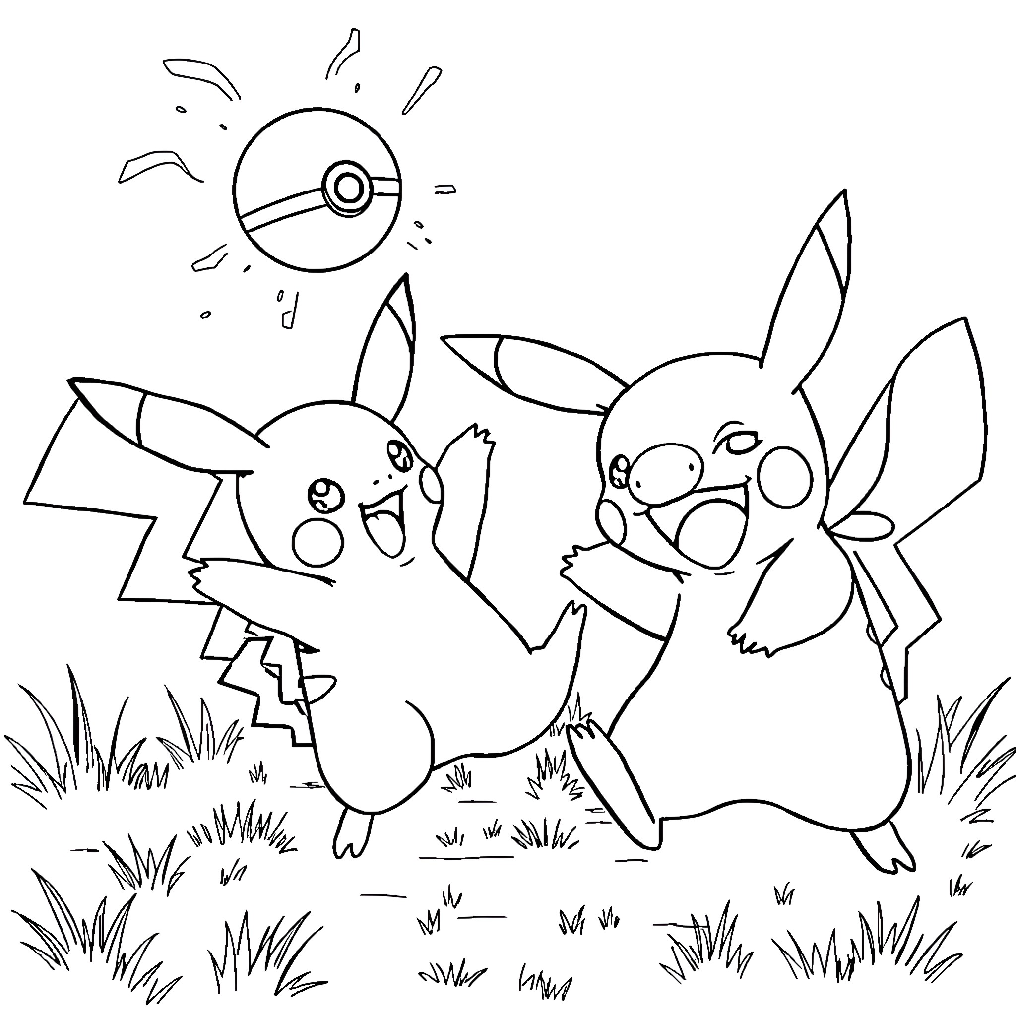 Pikachu and Friends Frolicking in the Grass Coloring Page (free black-and-white line drawing printable PDF for all, from beginners to advanced learners, including children, teens, adults, and seniors)