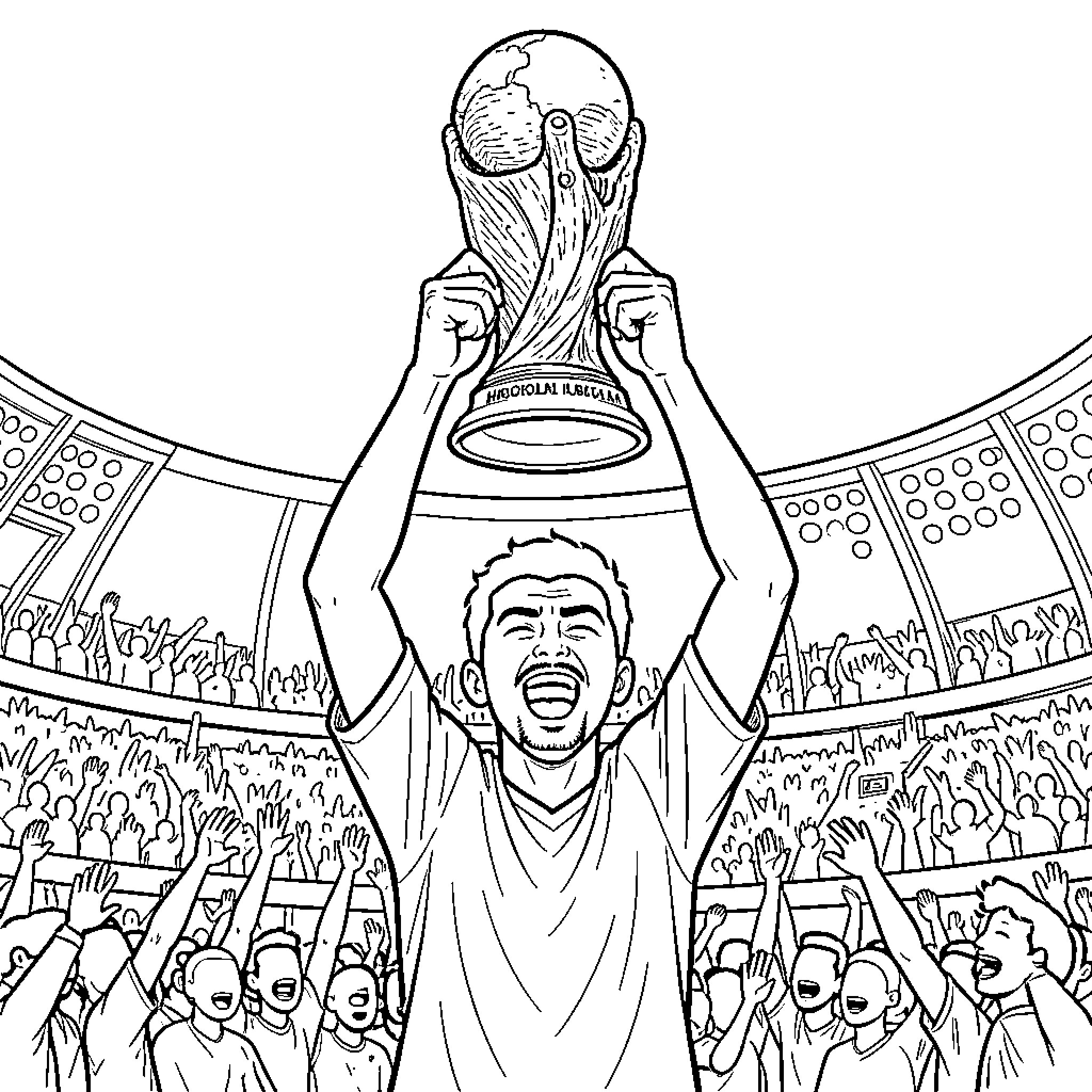 Hakimi celebrating joyfully while lifting a trophy Coloring Page (free black-and-white line drawing printable PDF for all, from beginners to advanced learners, including children, teens, adults, and seniors)