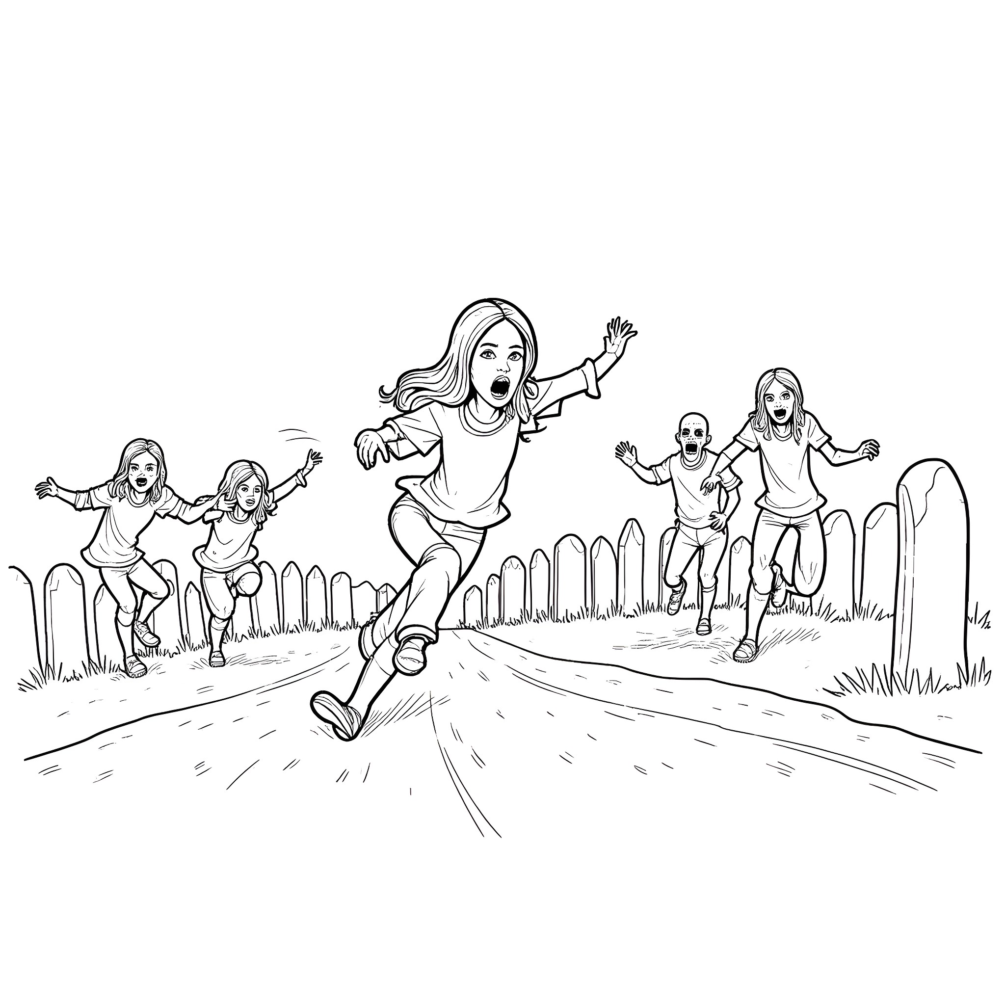 Zombie teens running in a neighborhood Coloring Page (free black-and-white line drawing printable PDF for all, from beginners to advanced learners, including children, teens, adults, and seniors)
