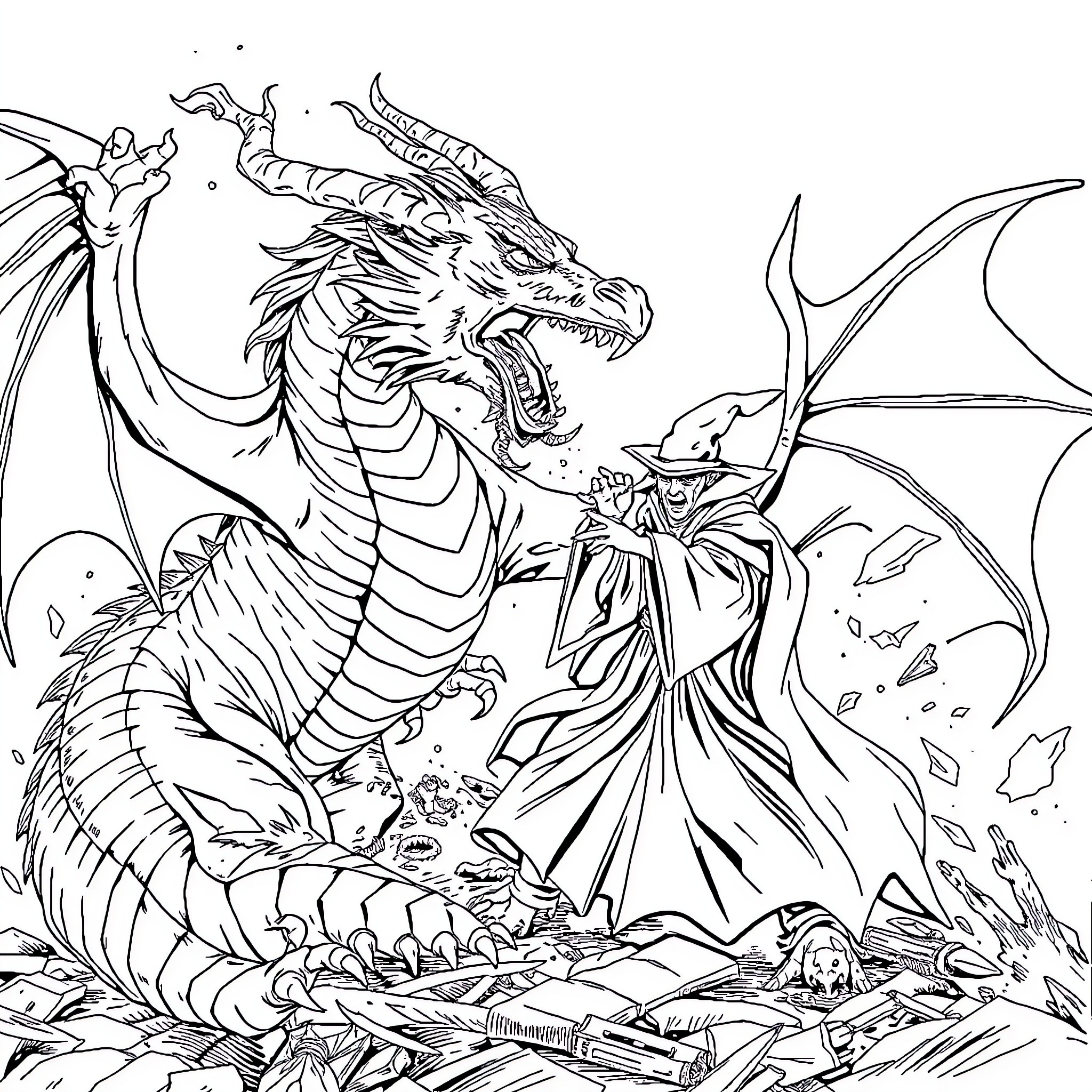 Dragon battling with mysterious sorcerer in enchanted forest Coloring Page (free black-and-white line drawing printable PDF for all, from beginners to advanced learners, including children, teens, adults, and seniors)
