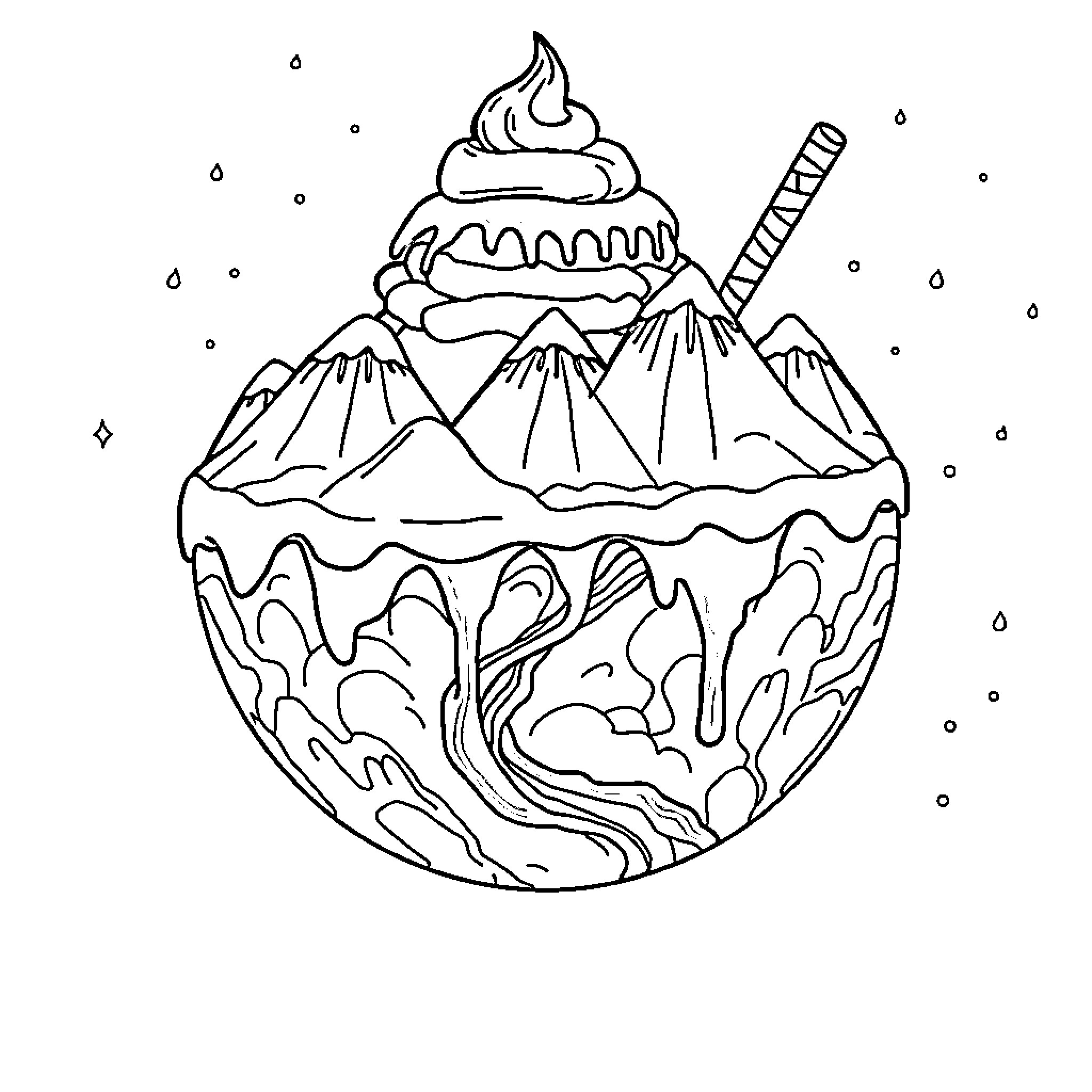 Planet of Frosty Delights Coloring Page (free black-and-white line drawing printable PDF for all, from beginners to advanced learners, including children, teens, adults, and seniors)